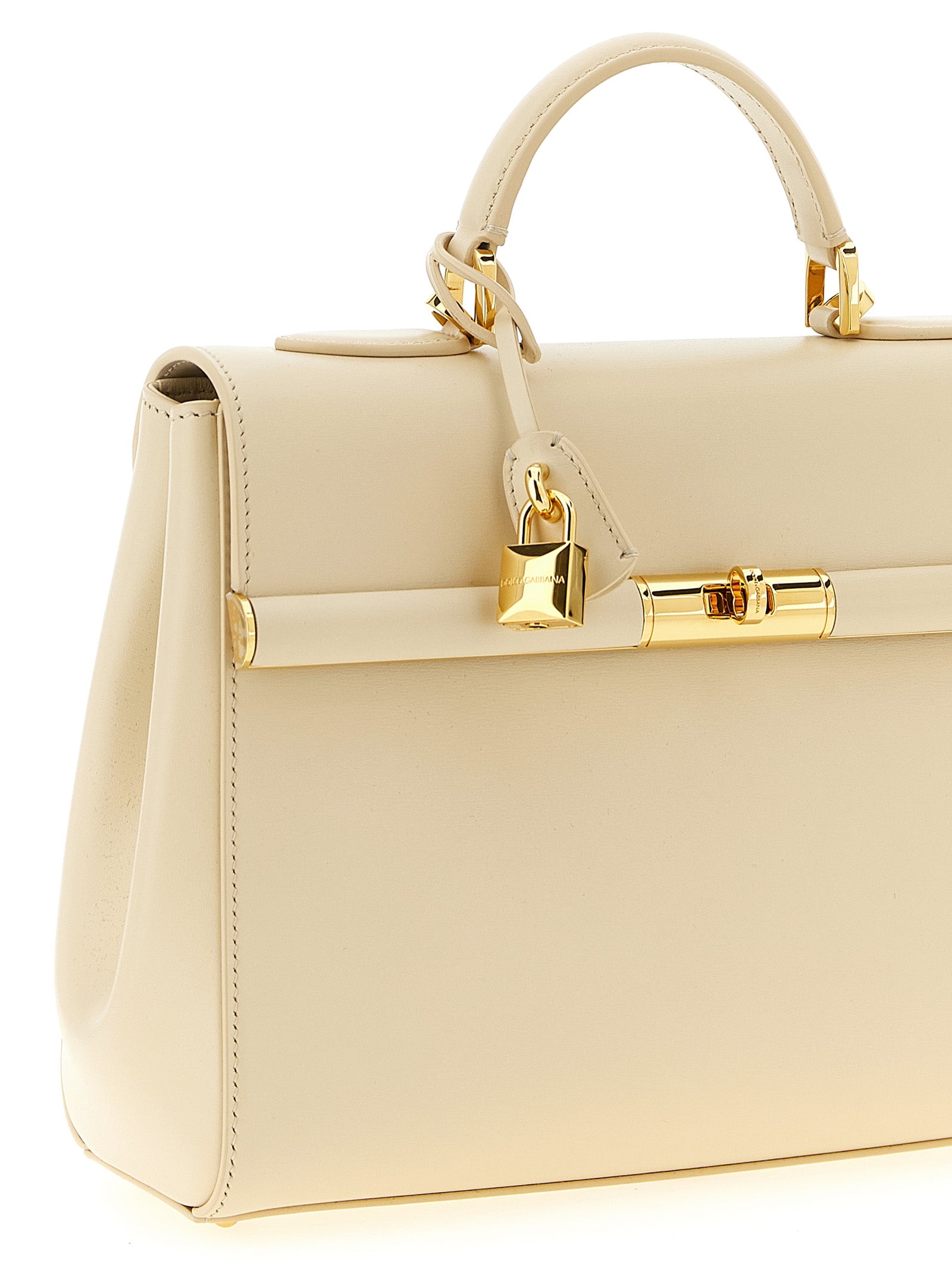 Sac à main en cuir d'agneau blanc de Dolce & Gabbana, design élégant avec poignées et détails sophistiqués.
