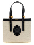 Sac tote en lin beige de Versace, élégant et spacieux, avec logo emblématique visible en fibre de haute qualité.
