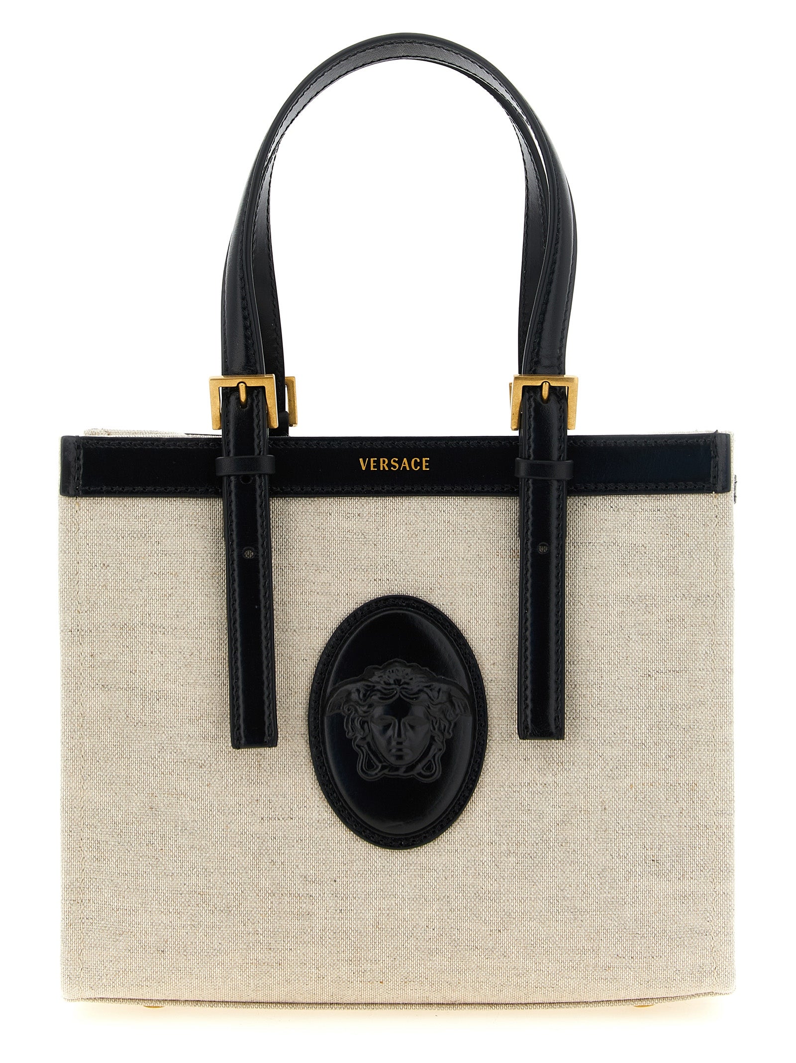 Sac tote en lin beige de Versace, élégant et spacieux, avec logo emblématique visible en fibre de haute qualité.