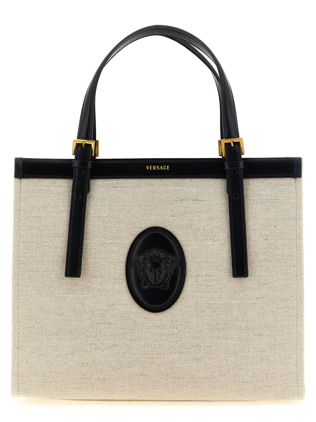 Sac à main beige en cuir de luxe de la marque Versace, avec détails élégants et logo distinctif visible.