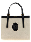 Sac à main beige en cuir de luxe de la marque Versace, avec détails élégants et logo distinctif visible.