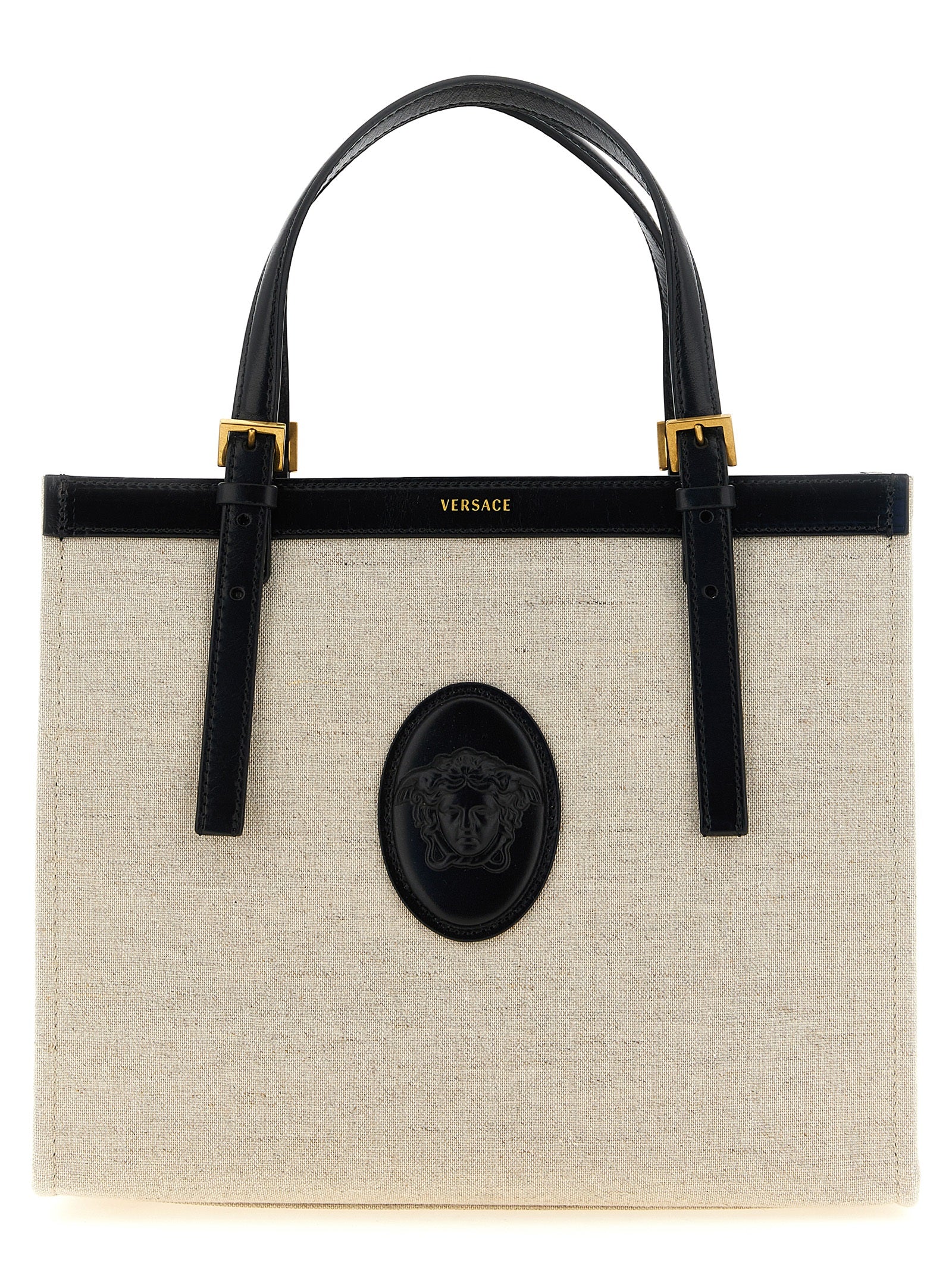 Sac à main beige en cuir de luxe de la marque Versace, avec détails élégants et logo distinctif visible.