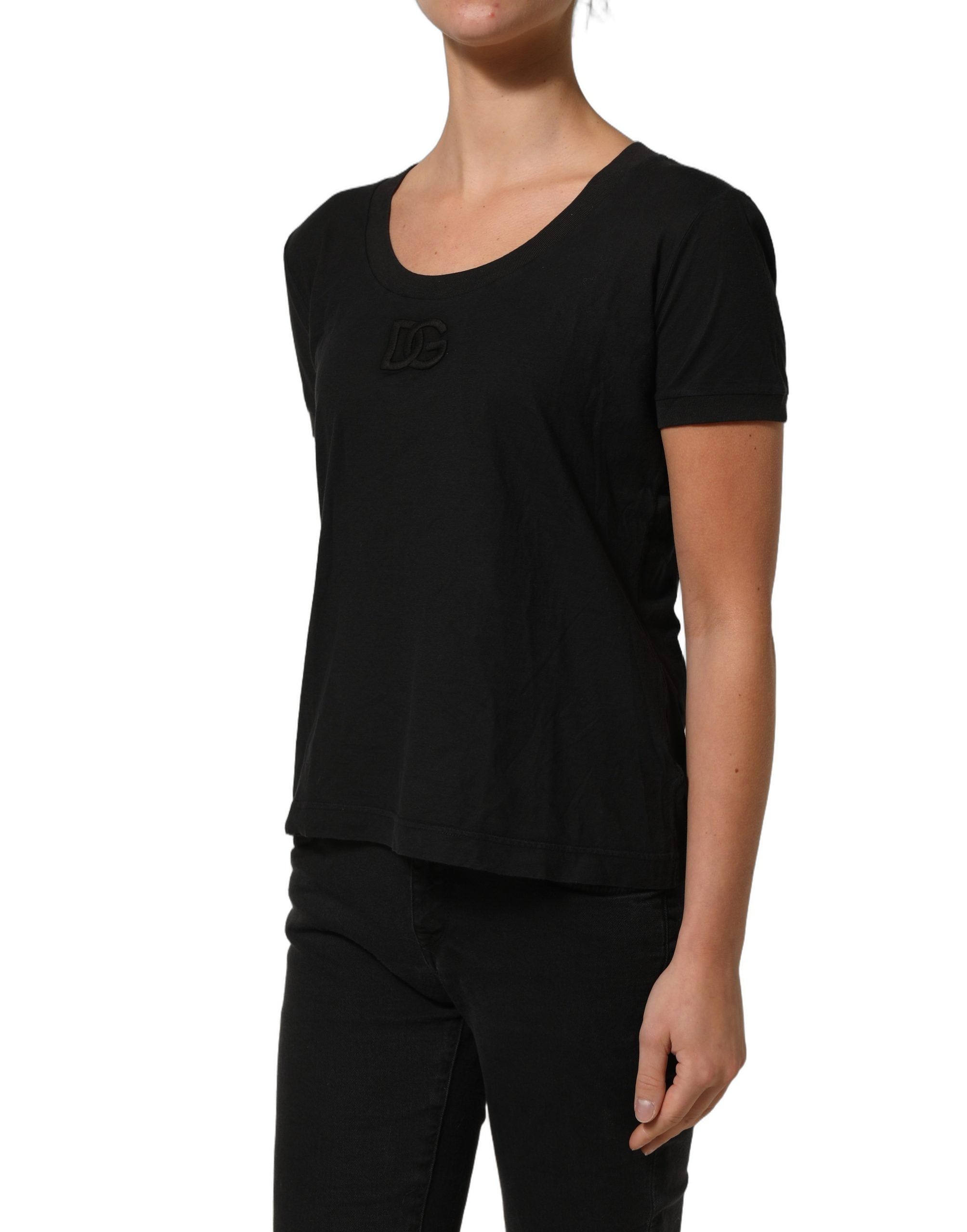 T-shirt noir Dolce & Gabbana en coton avec logo DG, col rond, vue de face.