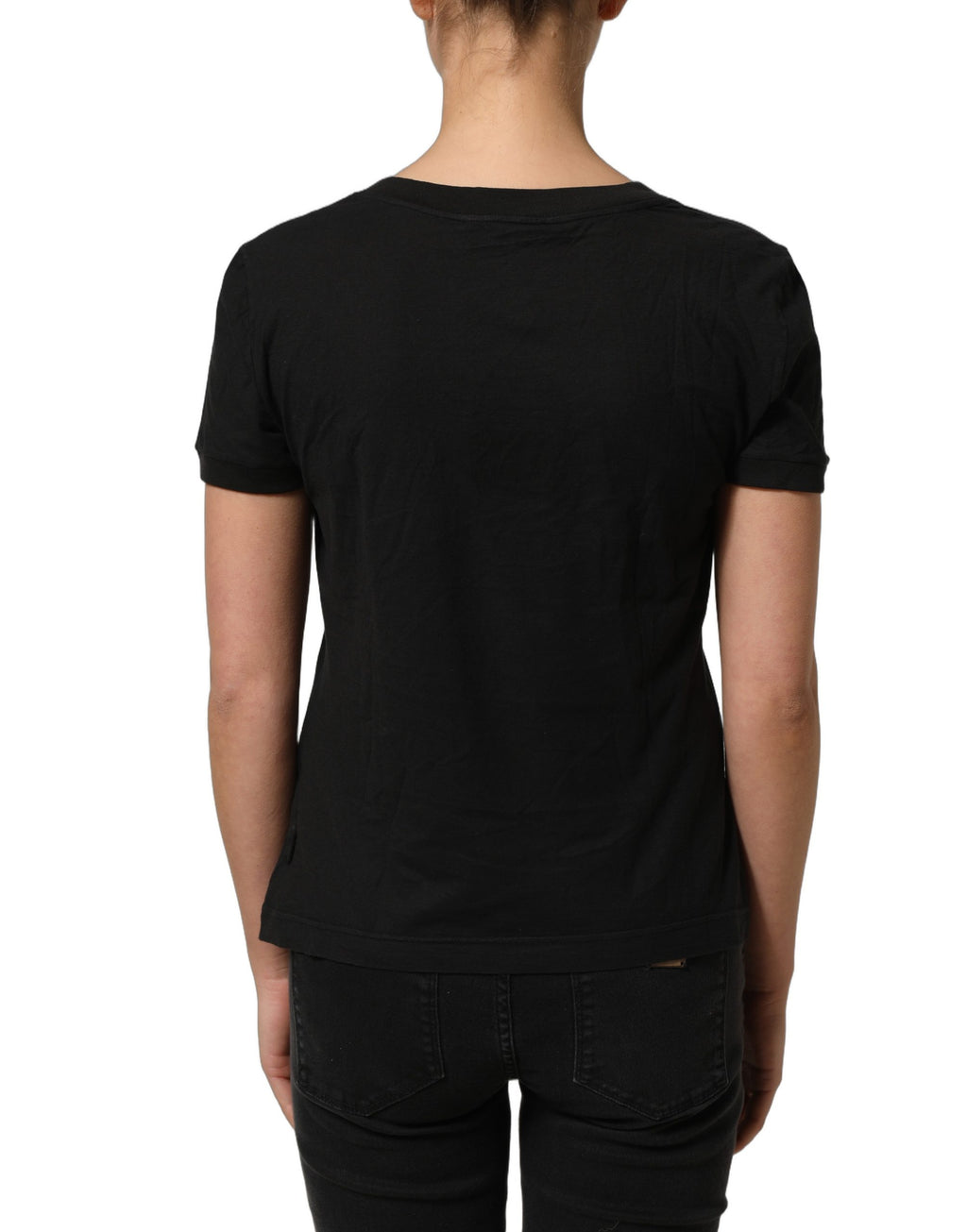 T-shirt Dolce & Gabbana en coton noir avec logo DG rond, col rond, vue de face.