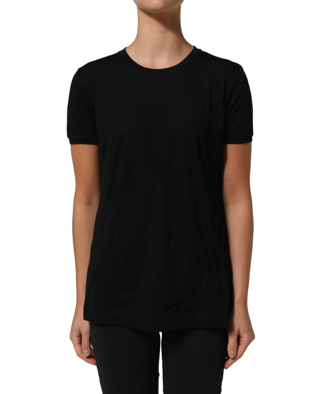T-shirt pour homme Dolce & Gabbana en laine noire à col ras du cou et manches courtes, vue de face.