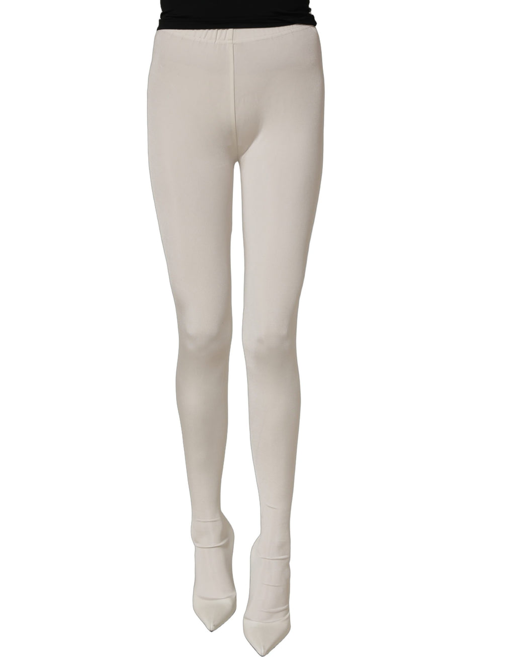 Chaussures à talons hauts blanches Dolce & Gabbana, élégantes et sophistiquées, avec des collants en jersey assortis.