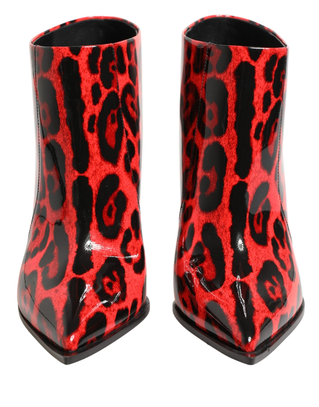 Bottes Dolce & Gabbana Cardinale à talons, rouges avec motif léopard, en cuir, pour femme, vue de côté.
