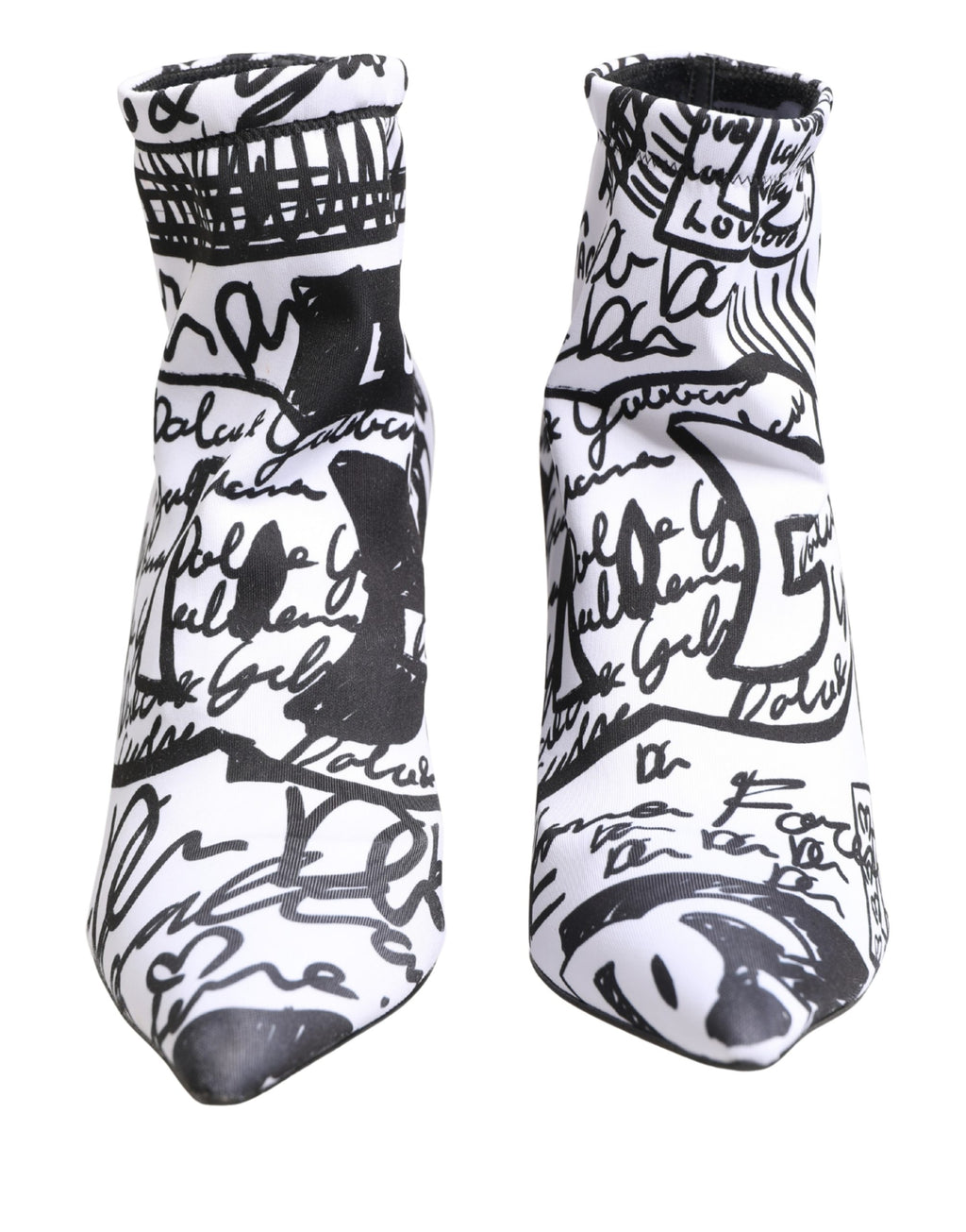 Bottines blanches en caoutchouc Dolce & Gabbana avec motif graffiti stretch pour ankle, vue de face sur fond blanc.