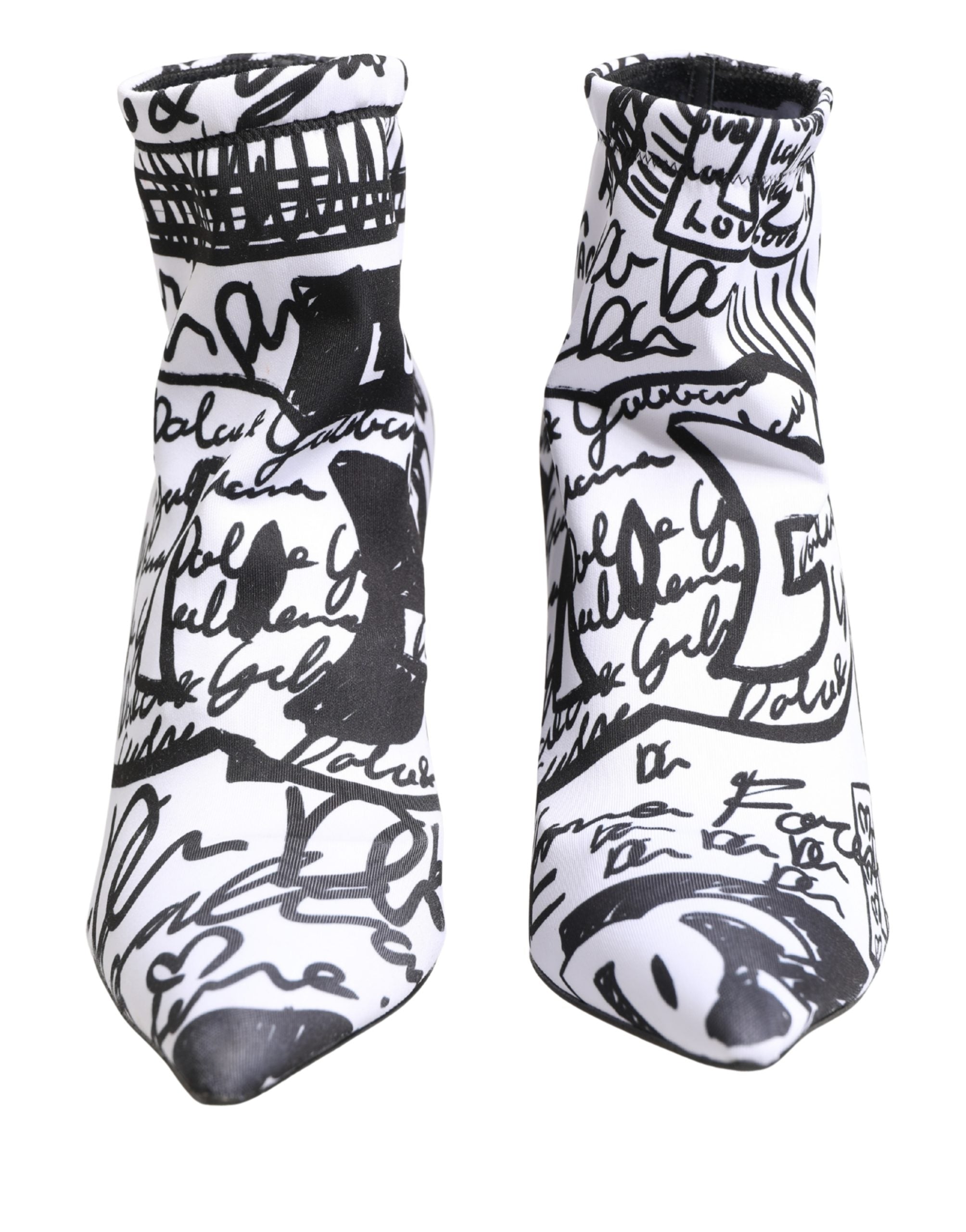 Bottines blanches en caoutchouc Dolce & Gabbana avec motif graffiti stretch pour ankle, vue de face sur fond blanc.
