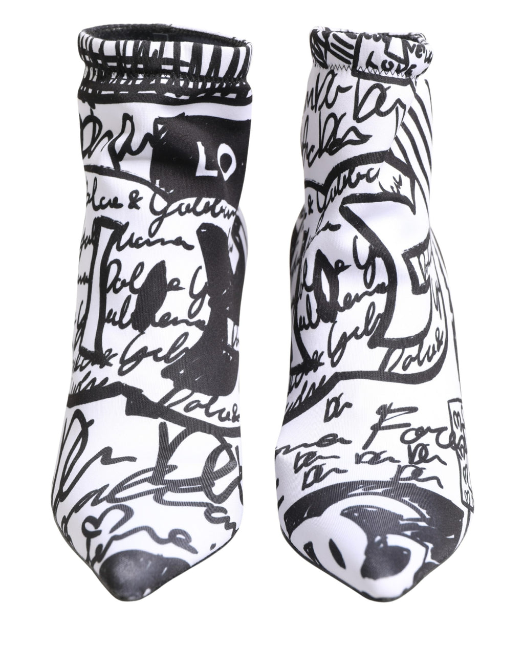 Chaussures bottines blanches Dolce & Gabbana avec motif graffiti et semelle stretch, style moderne et tendance.