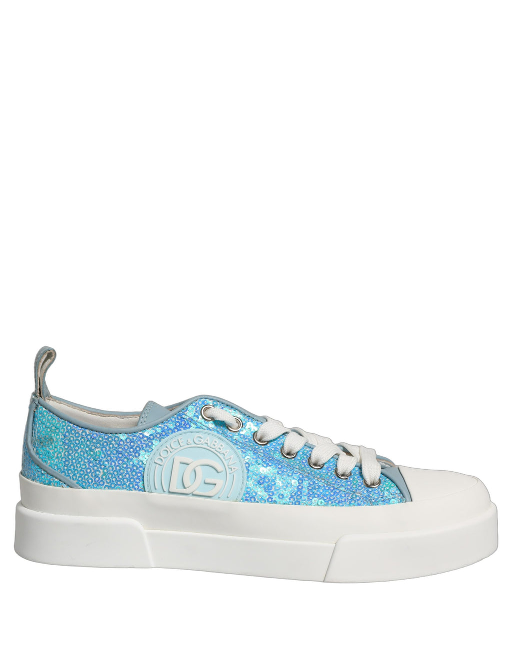 Chaussures Dolce & Gabbana sneakers basses bleu et blanc avec logo à sequins, style décontracté et élégant.