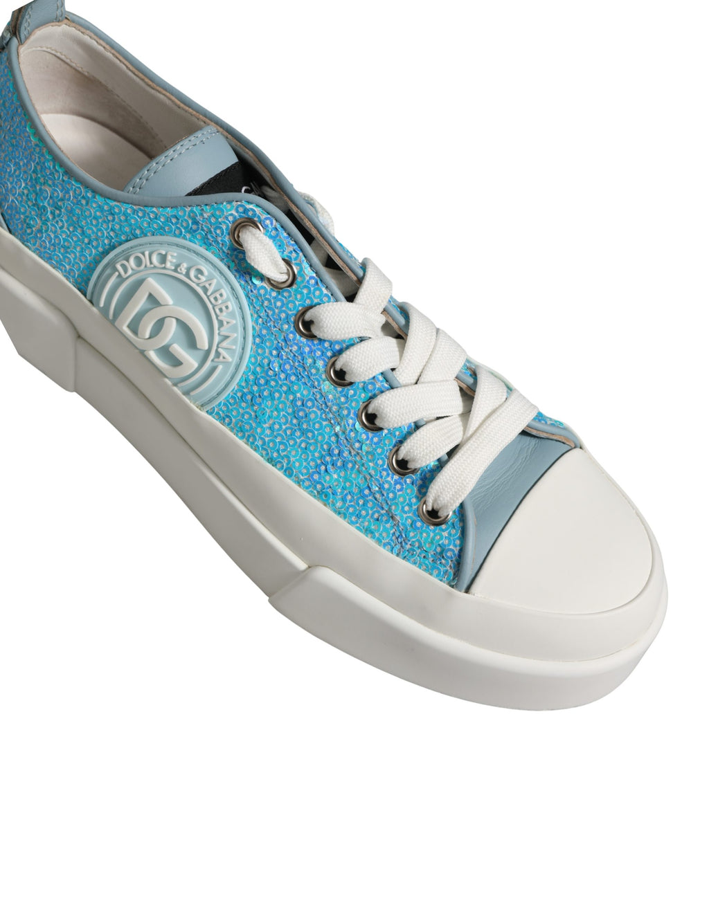 Chaussures sneakers basses Dolce & Gabbana bleu et blanc avec sequins et logo, vue de face.
