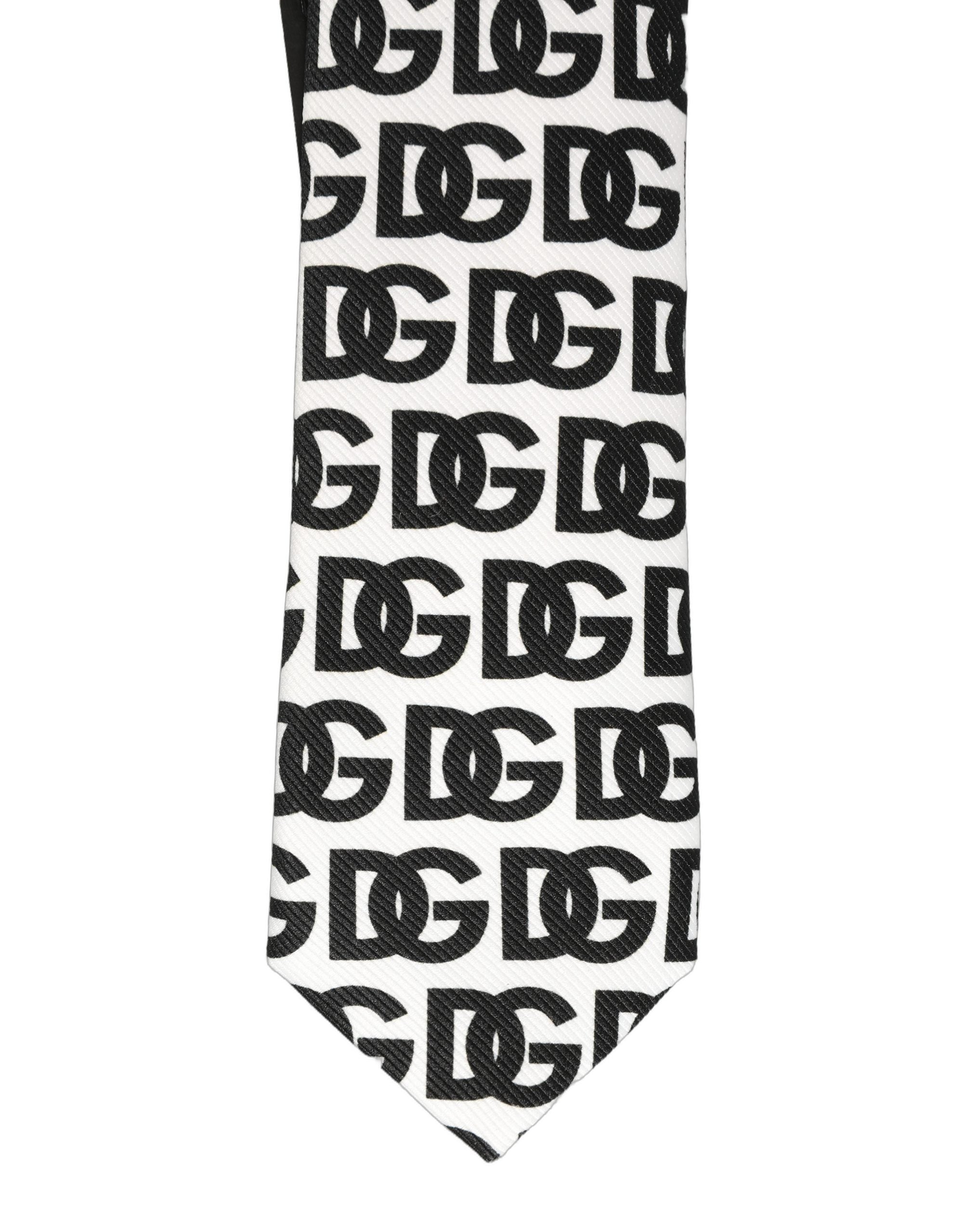 Dolce & Gabbana White Black Logo Monogram Wide Adjustable Men Necktie Tie