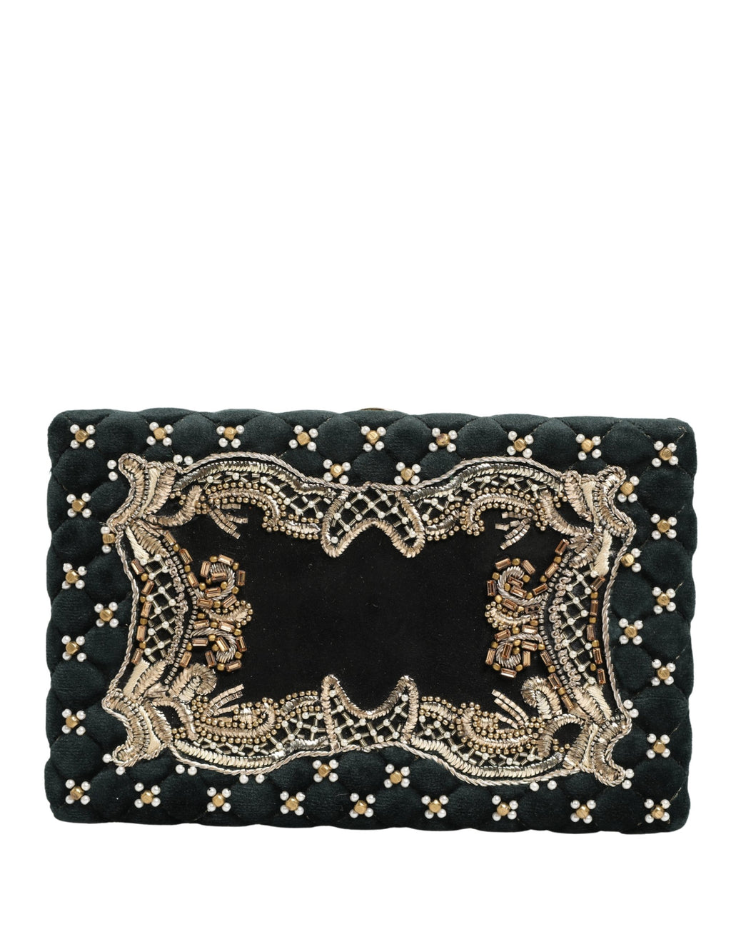 Sac clutch en velours noir Dolce & Gabbana avec cadre doré, sac de soirée élégant et sophistiqué.