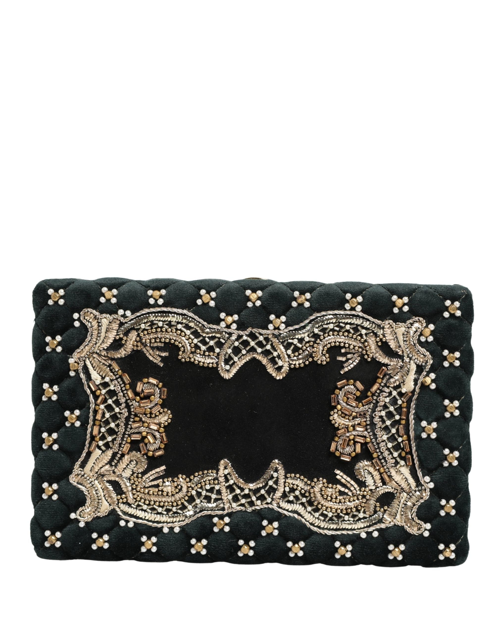 Sac clutch en velours noir Dolce & Gabbana avec cadre doré, sac de soirée élégant et sophistiqué.