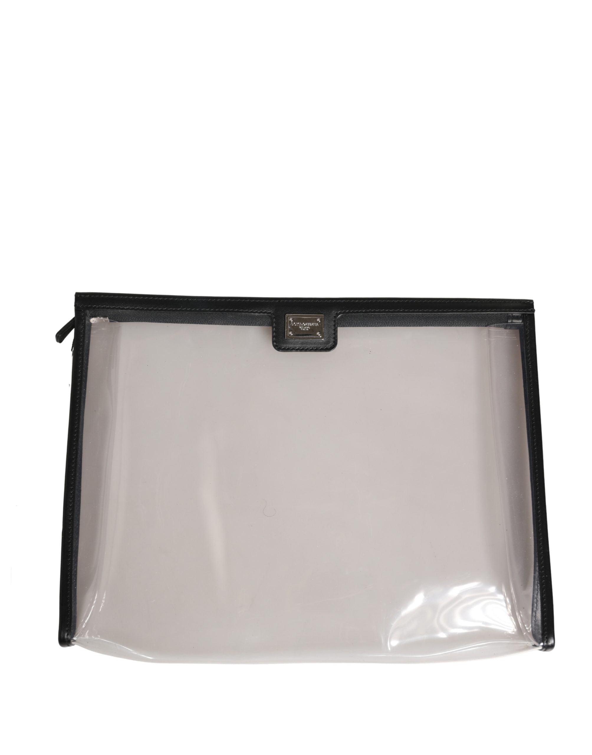 Pochette transparente en PVC de Dolce & Gabbana avec plaquette logo, sac de clutch élégant et moderne.