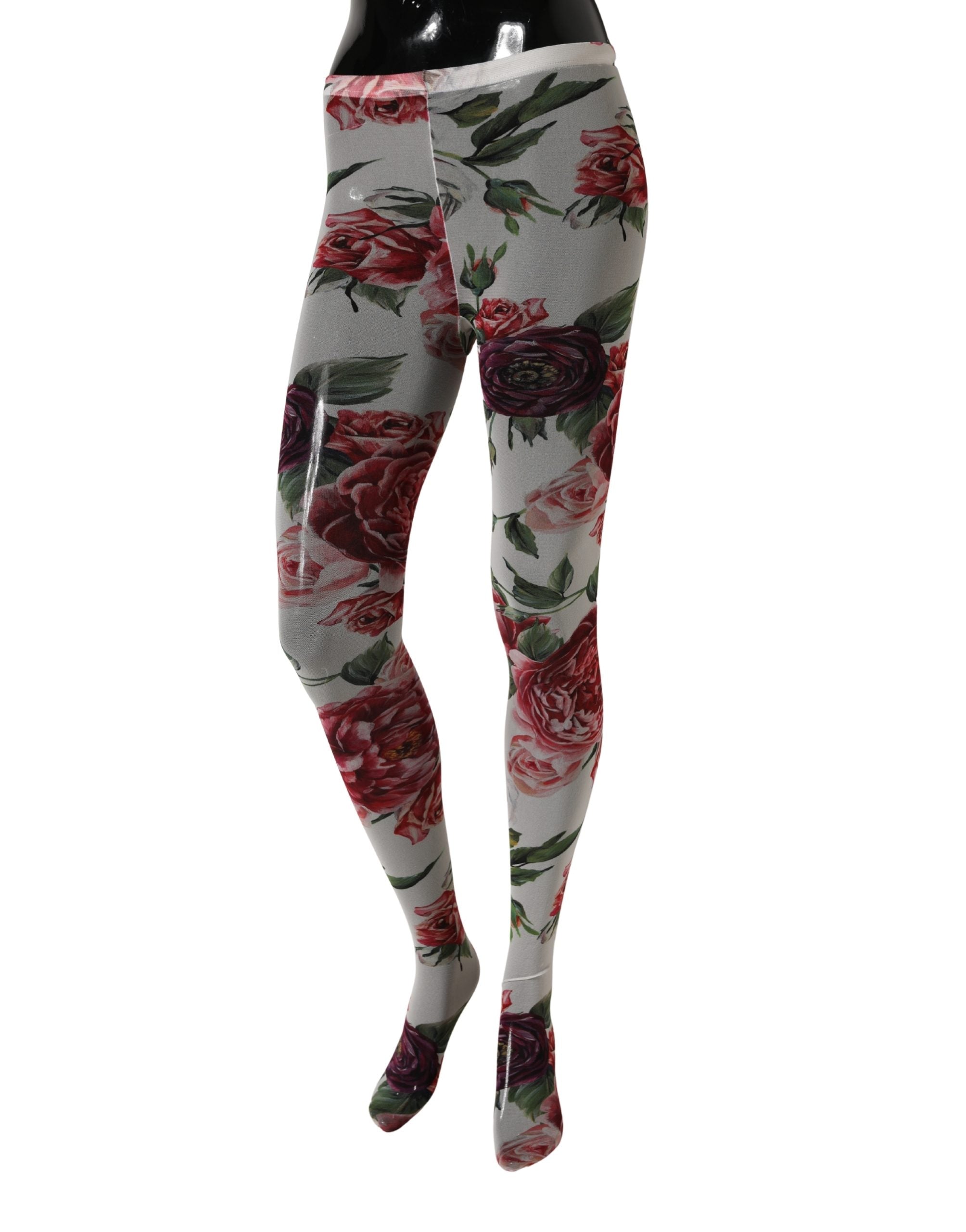 Chaussettes en nylon blanc Dolce & Gabbana avec imprimé floral, collants élégants pour femmes.