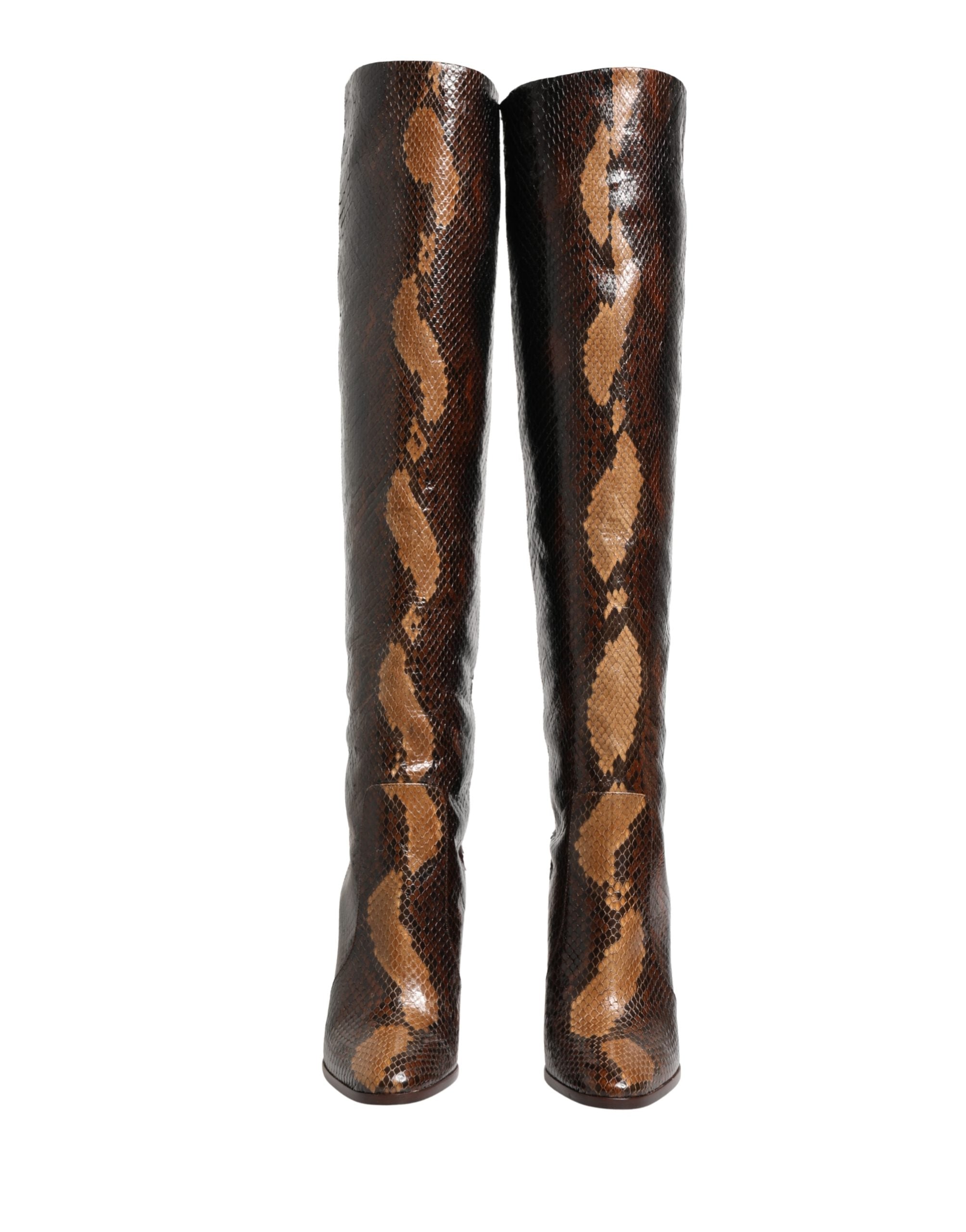 Bottes hautes en cuir exotique marron de Dolce & Gabbana, chaussures élégantes pour femmes.