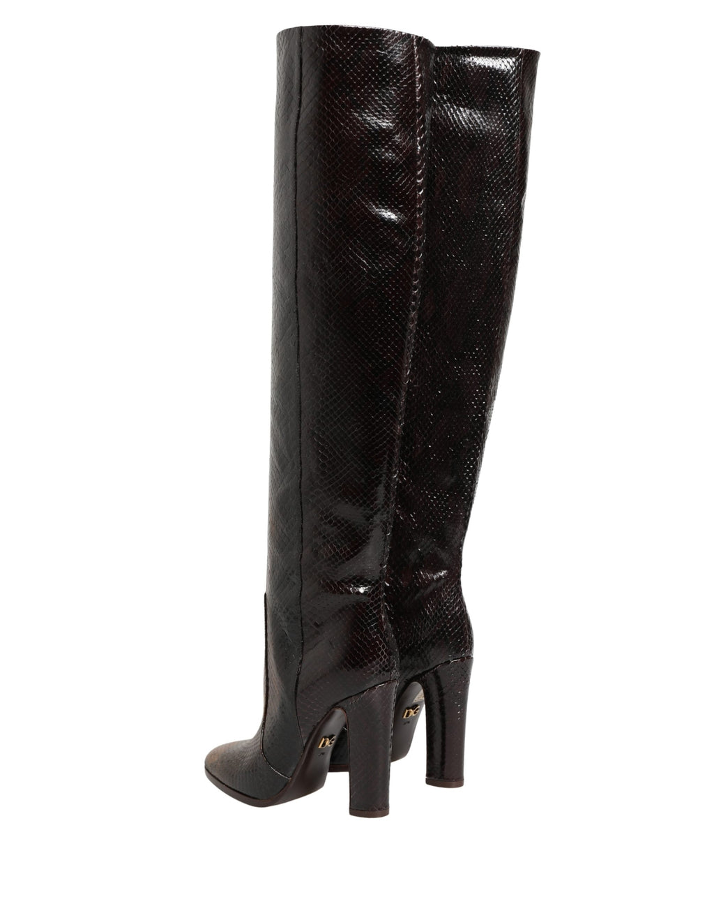 Bottes hautes en cuir exotique marron de Dolce & Gabbana, chaussures élégantes en cuir pour femmes.