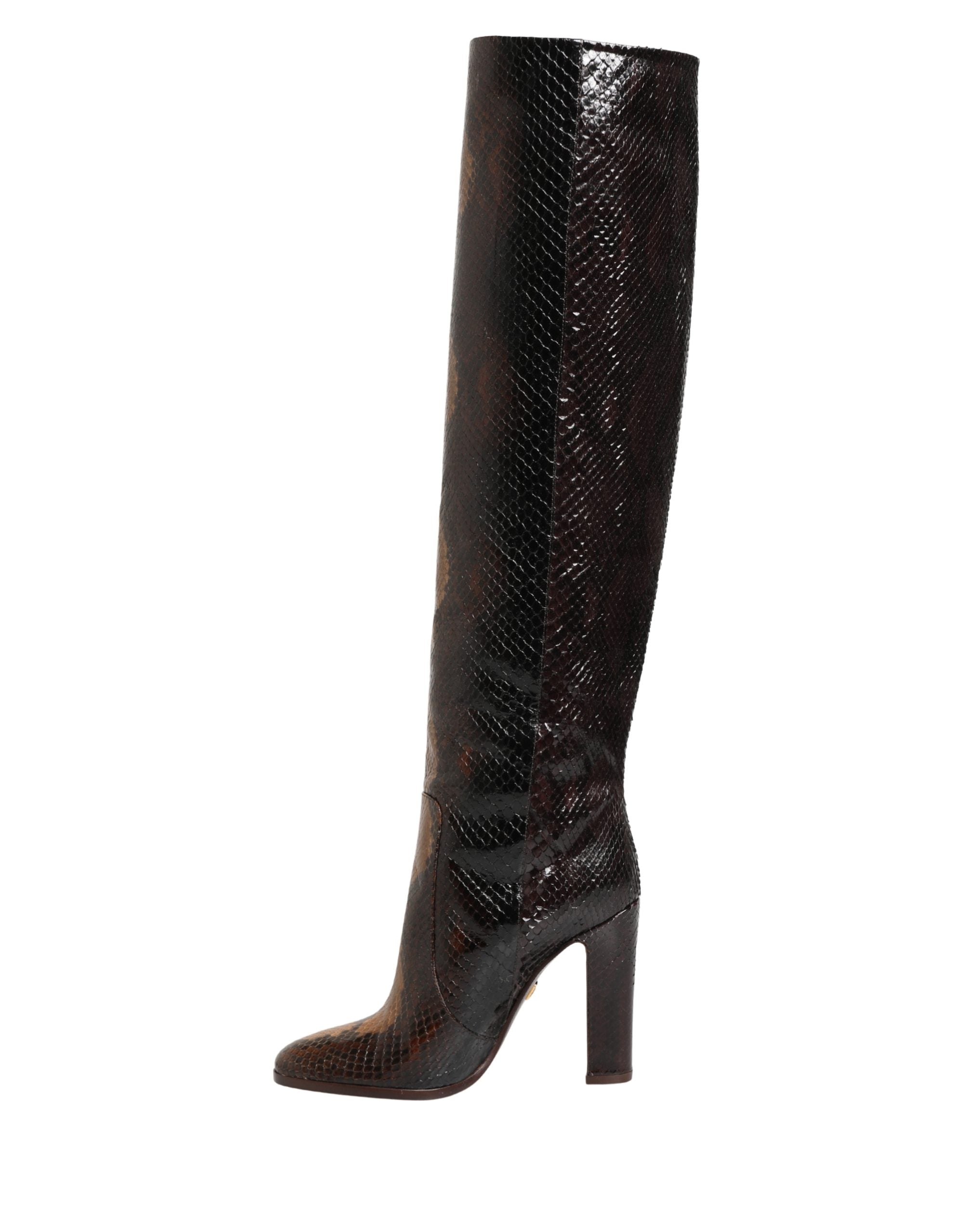 Bottes hautes en cuir exotique marron de Dolce & Gabbana, chaussures élégantes en cuir pour femme.