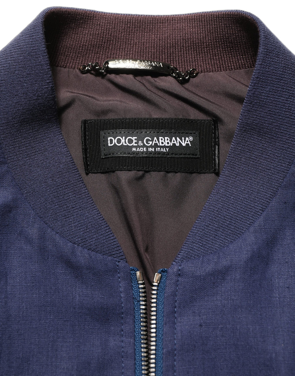 Veste bomber en lin bleu pour homme de Dolce & Gabbana, fermeture éclair complète, style élégant et décontracté.