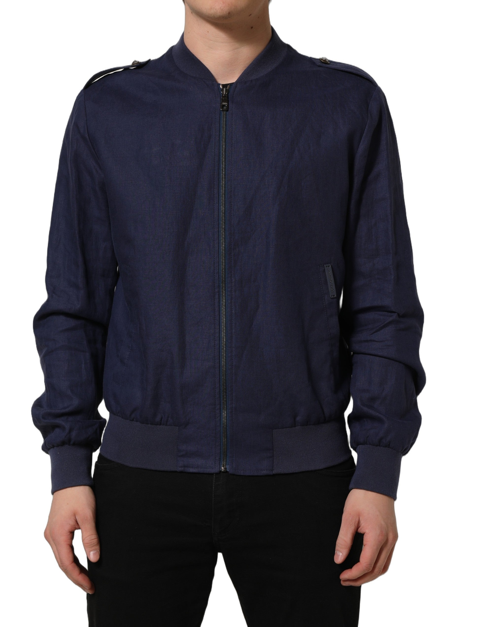 Veste bomber en lin bleu pour homme de Dolce & Gabbana avec fermeture éclair, style élégant et moderne.