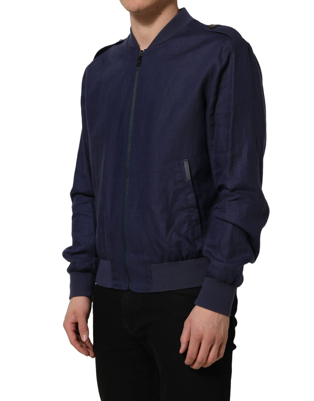 Veste bomber homme en lin bleu Dolce & Gabbana avec fermeture éclair pleine longueur, mode élégante et décontractée.