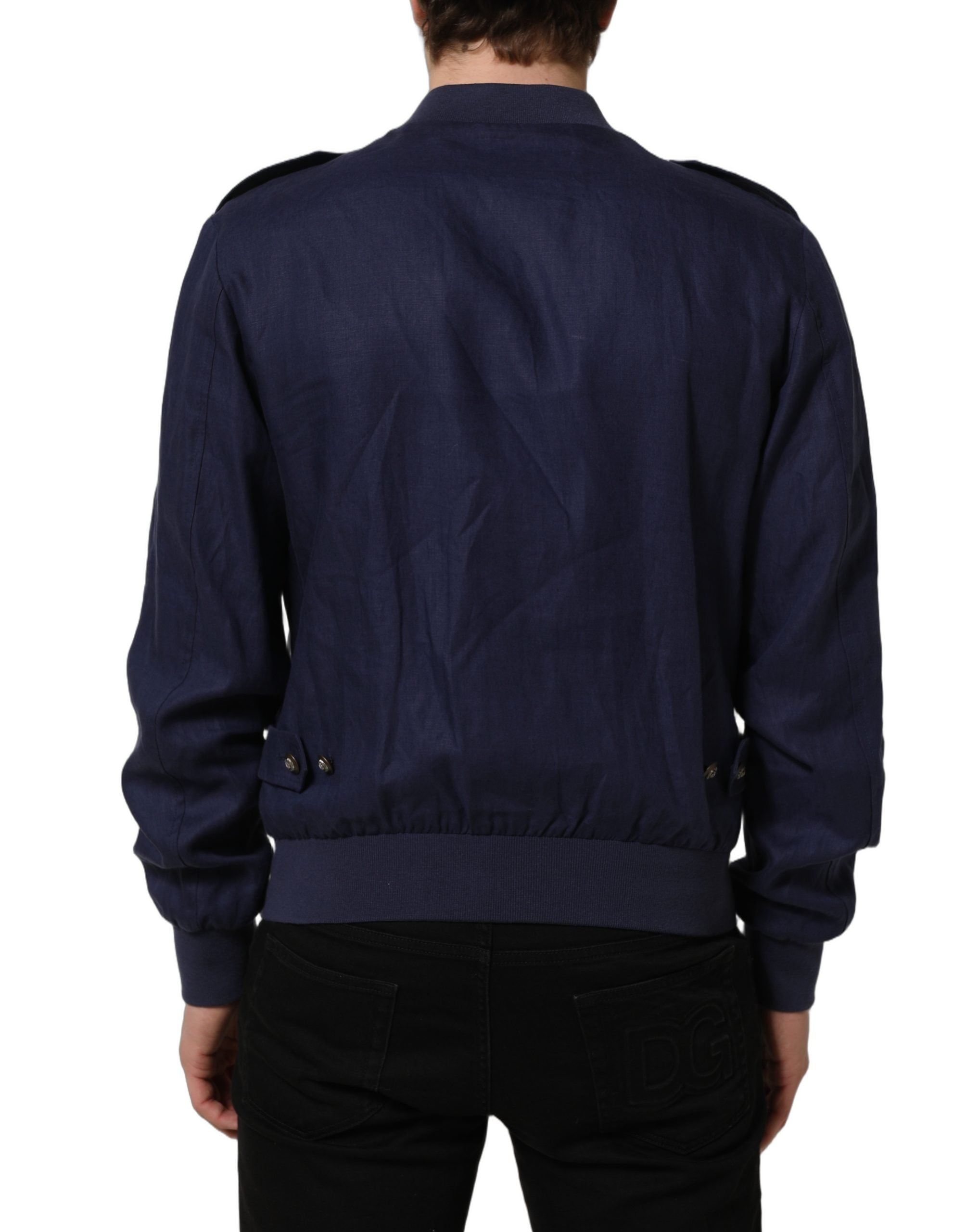 Veste bomber en lin bleu pour homme de Dolce & Gabbana, fermeture éclair complète, style élégant et moderne.