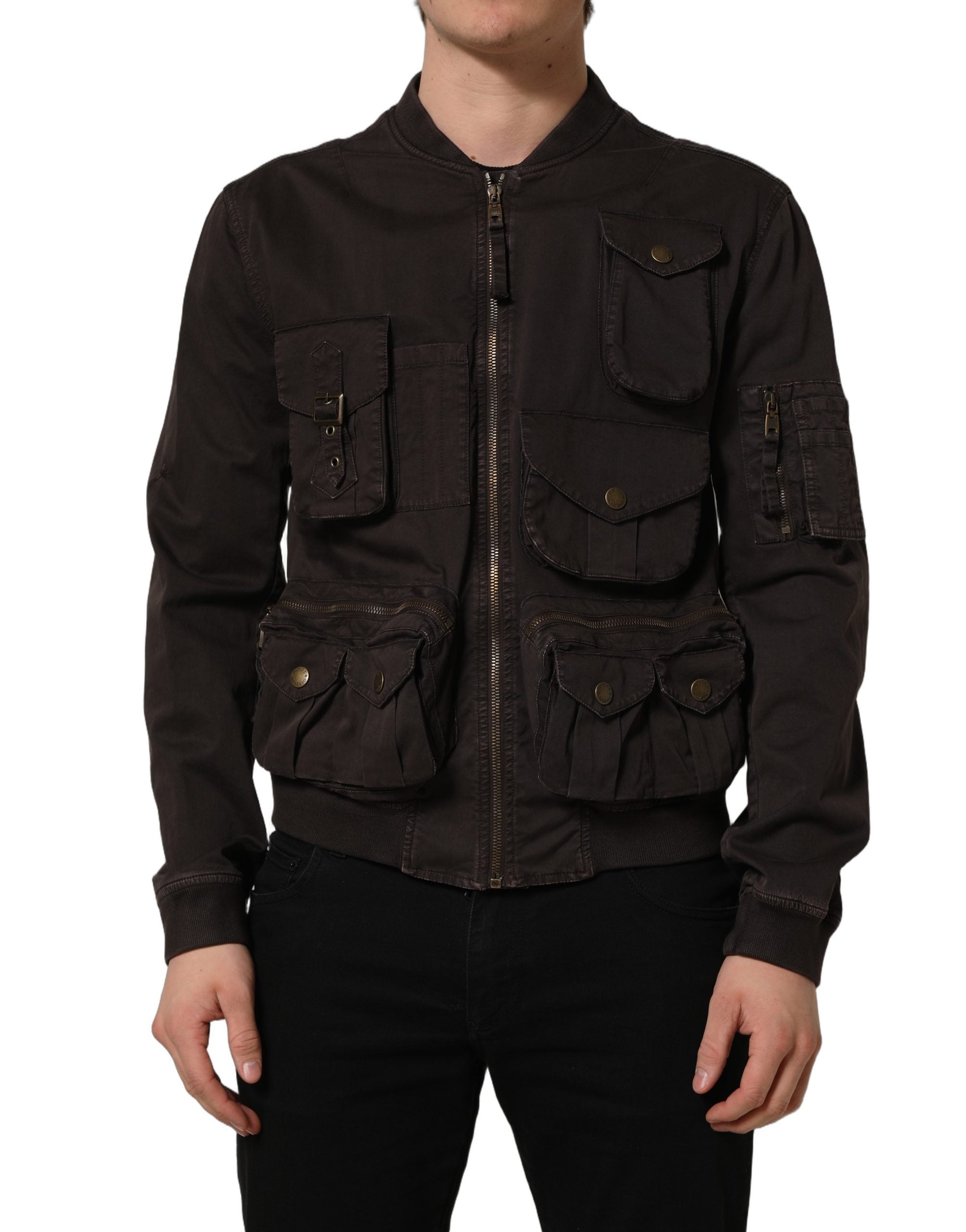 Veste bomber homme Dolce & Gabbana en coton marron à zip complet, style décontracté et moderne.