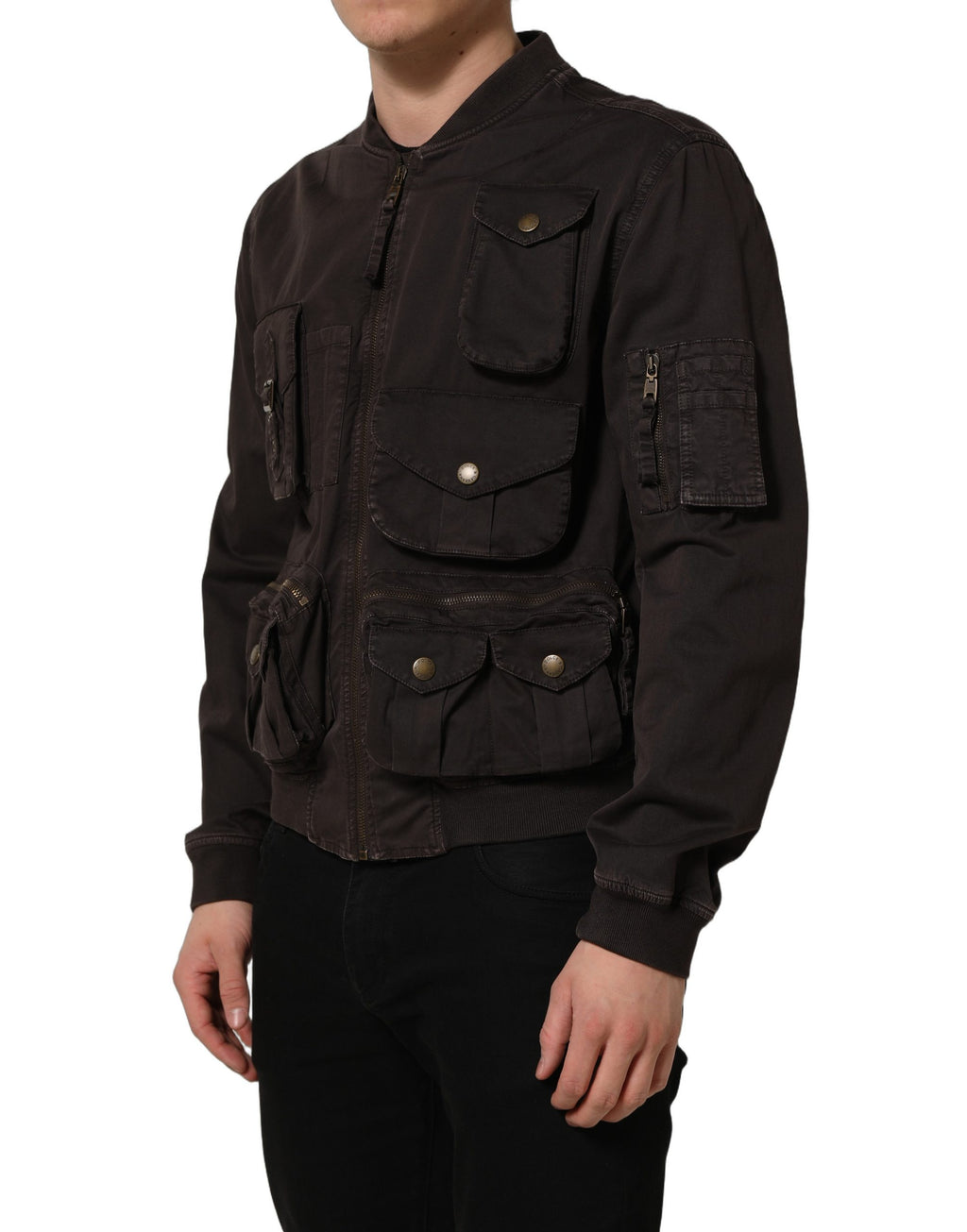 Veste bomber homme Dolce & Gabbana en coton brun avec fermeture éclair complète, style moderne et élégant.