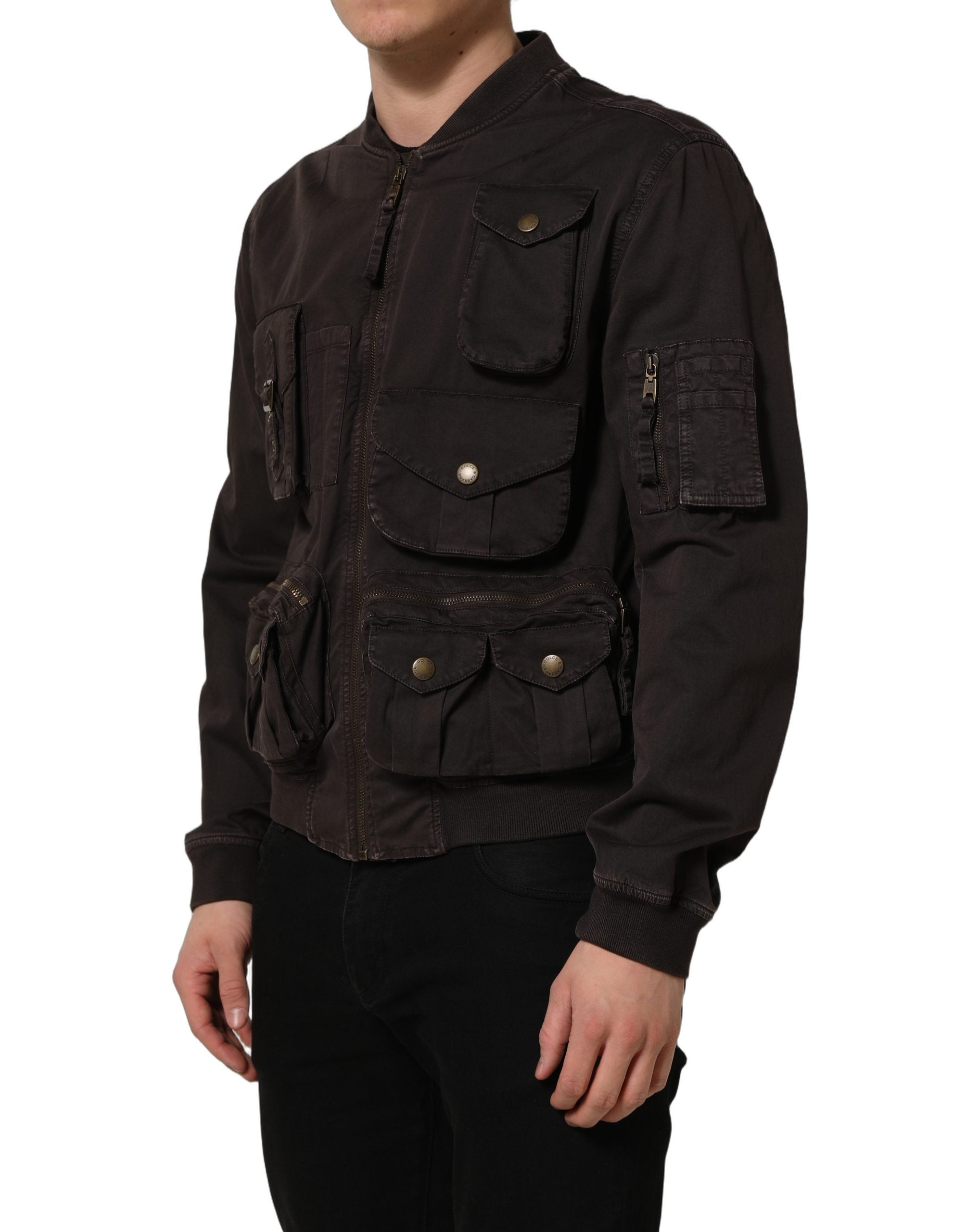 Veste bomber homme Dolce & Gabbana en coton brun avec fermeture éclair complète, style moderne et élégant.