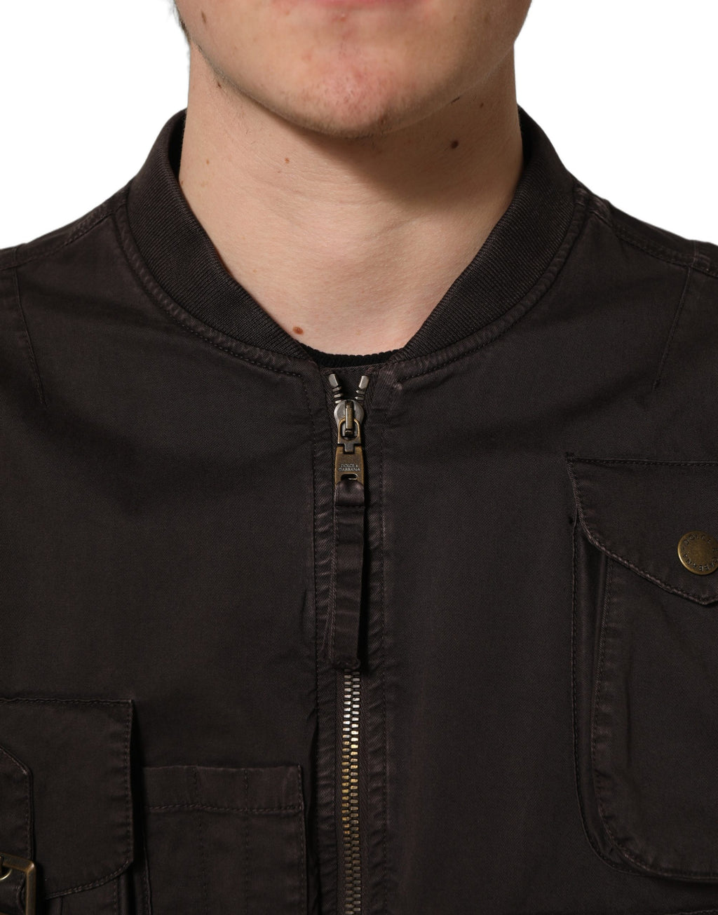 Veste bomber homme Dolce & Gabbana en coton marron avec fermeture éclair complète, style décontracté et moderne.