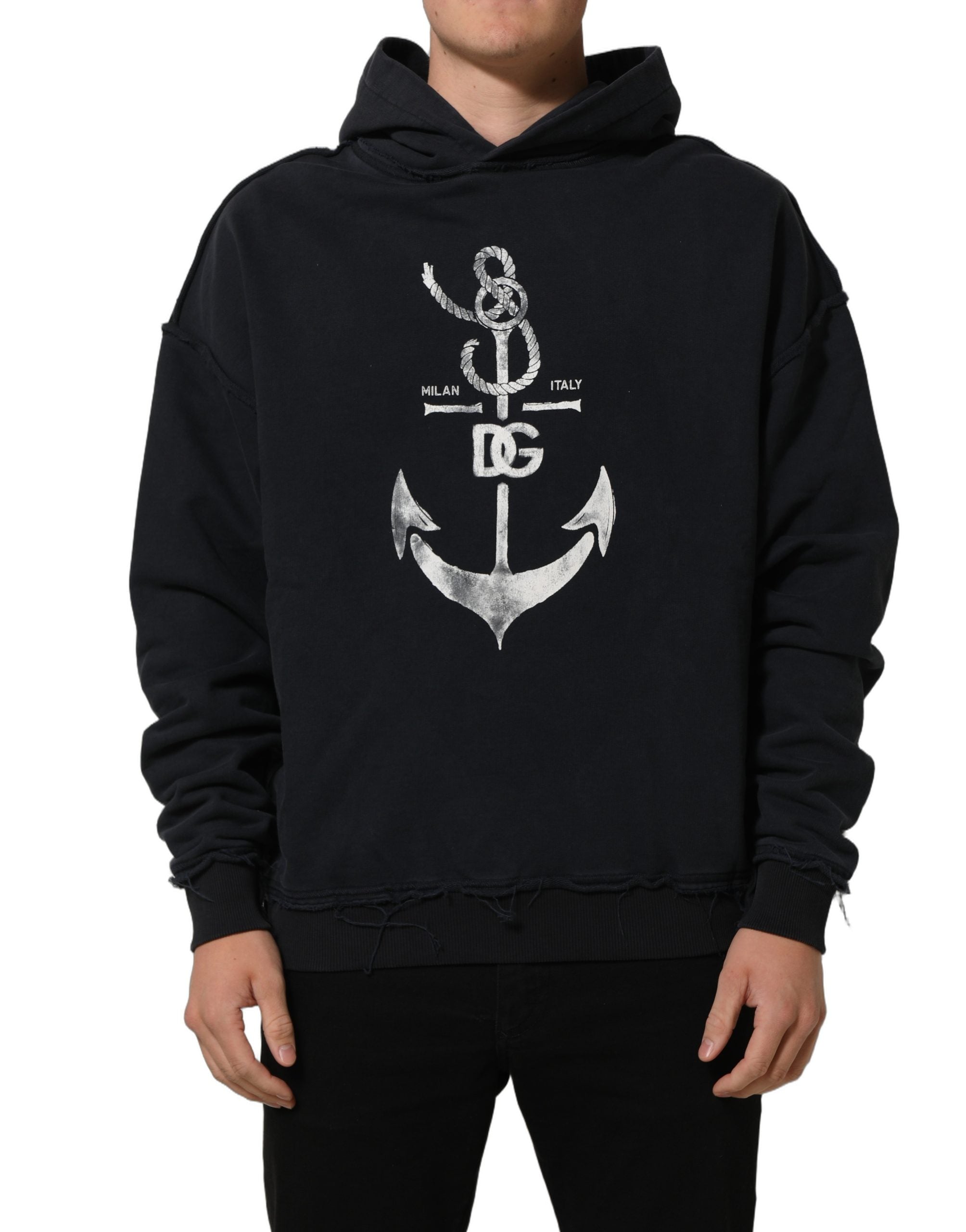 Sweat à capuche Dolce & Gabbana noir avec motif d'ancre, style décontracté, en coton, visible avec logo sur la poitrine.