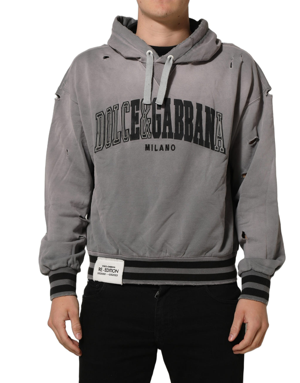 Sweat à capuche gris graphique pour homme de Dolce & Gabbana, pull en coton avec logo et design moderne.