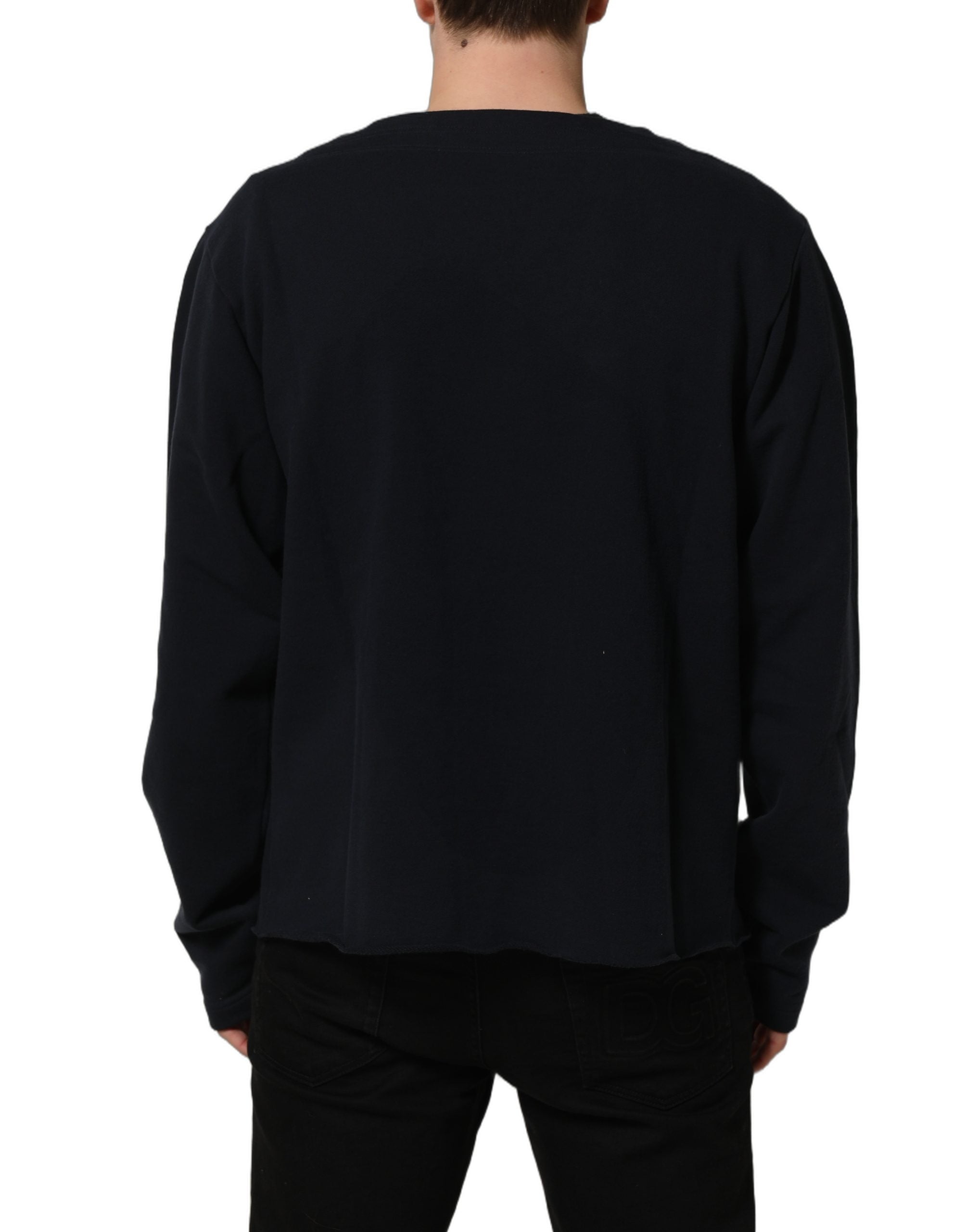 Sweatshirt en coton bleu foncé avec logo Dolce & Gabbana, pull décontracté à col rond, style élégant et confortable.