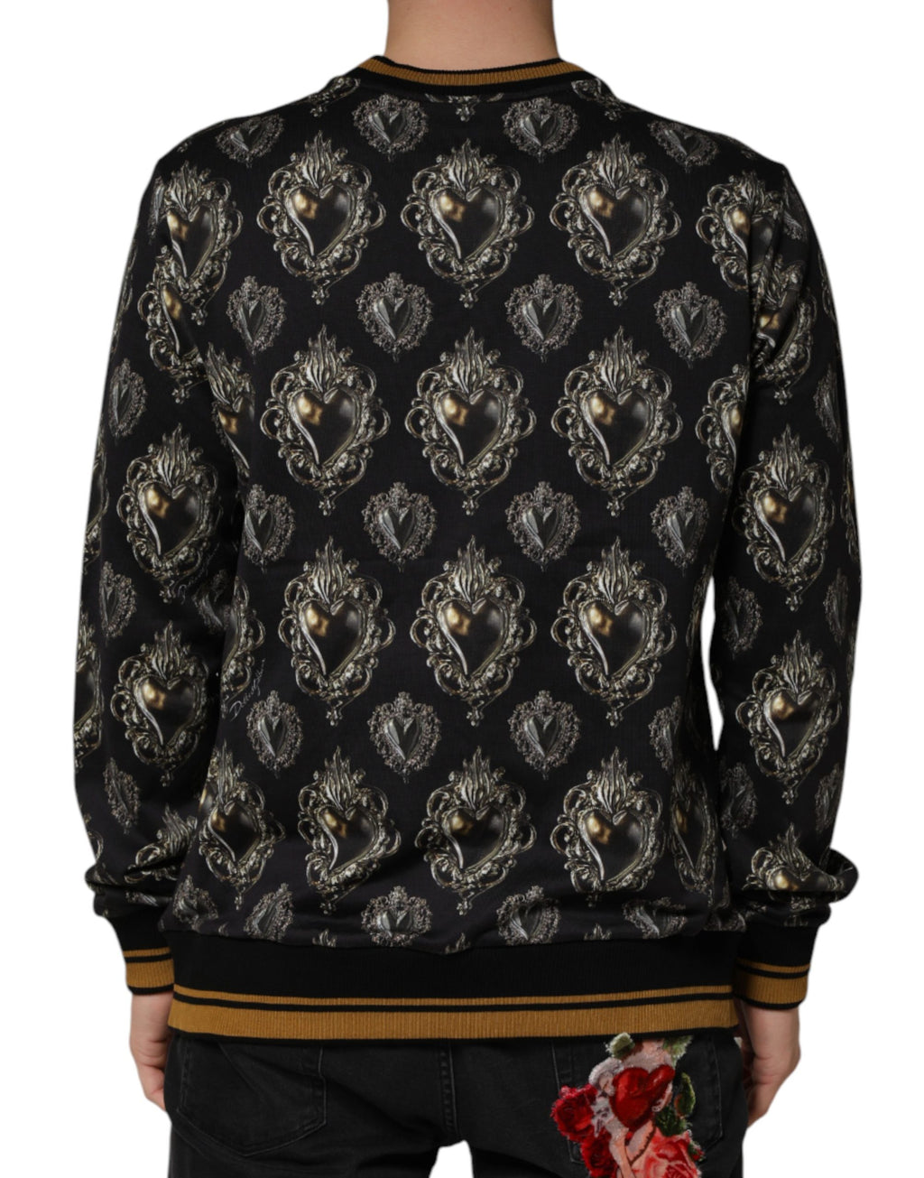 Sweat-shirt en coton noir Dolce & Gabbana avec cœur sacré imprimé, style décontracté et orné de détails élégants.