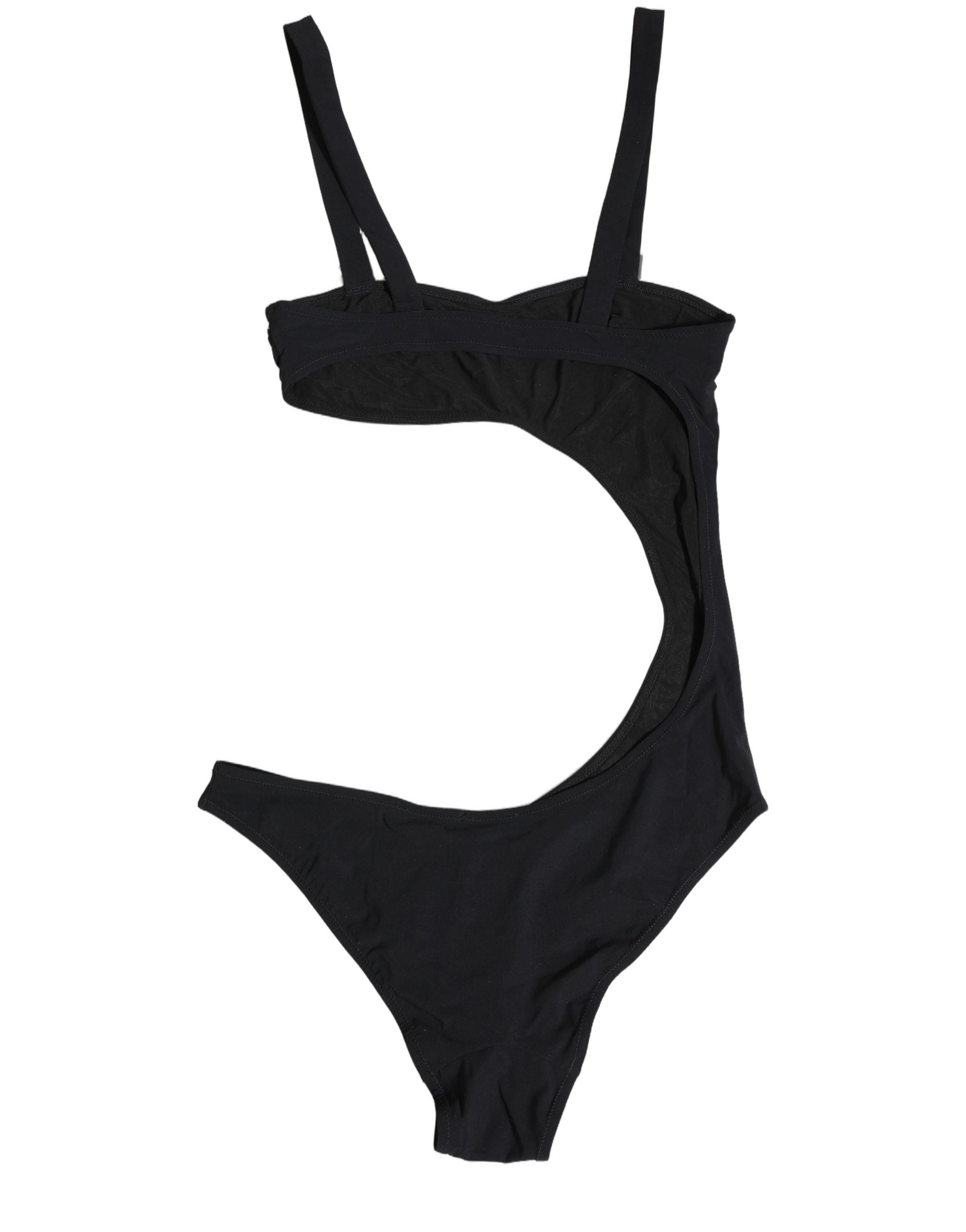Maillot de bain une pièce noir Dolce & Gabbana avec ornements, découpes et bandeau, tissu élégant et design sophistiqué.
