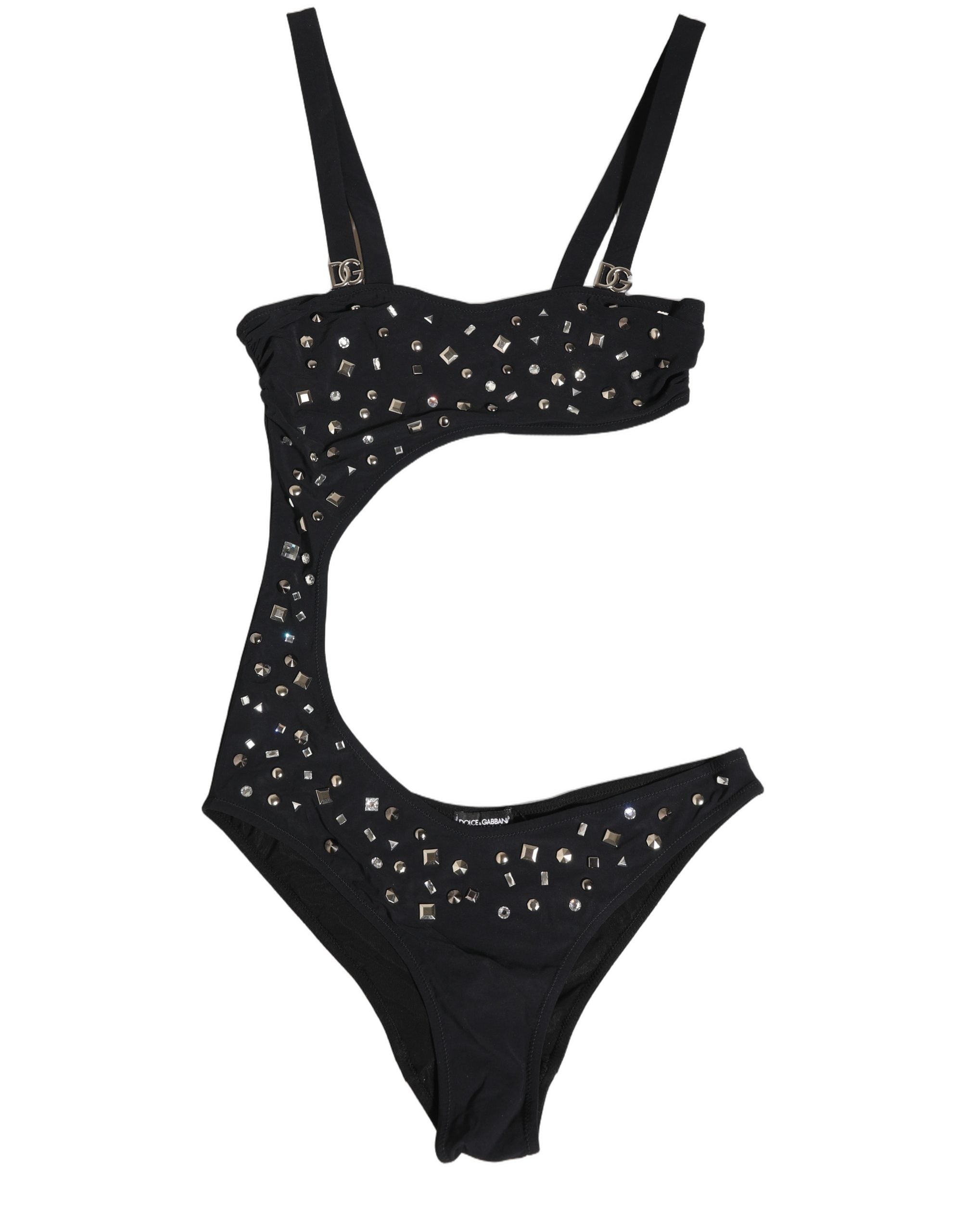 Maillot de bain une pièce noir Dolce & Gabbana avec découpes et embellissements, style bandeau et design élégant.