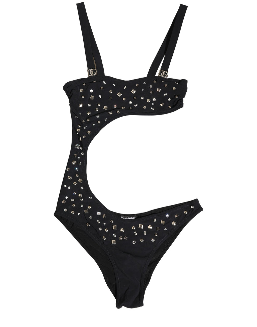 Maillot de bain une pièce noir Dolce & Gabbana avec ornements brillant et découpes élégantes, bandeau sans bretelles.