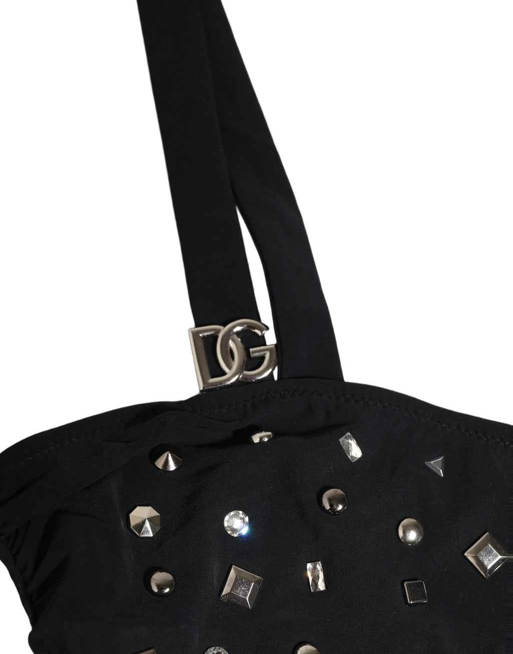 Maillot de bain une pièce noir Dolce & Gabbana avec découpes et embellissements, bandeau élégant et moderne.