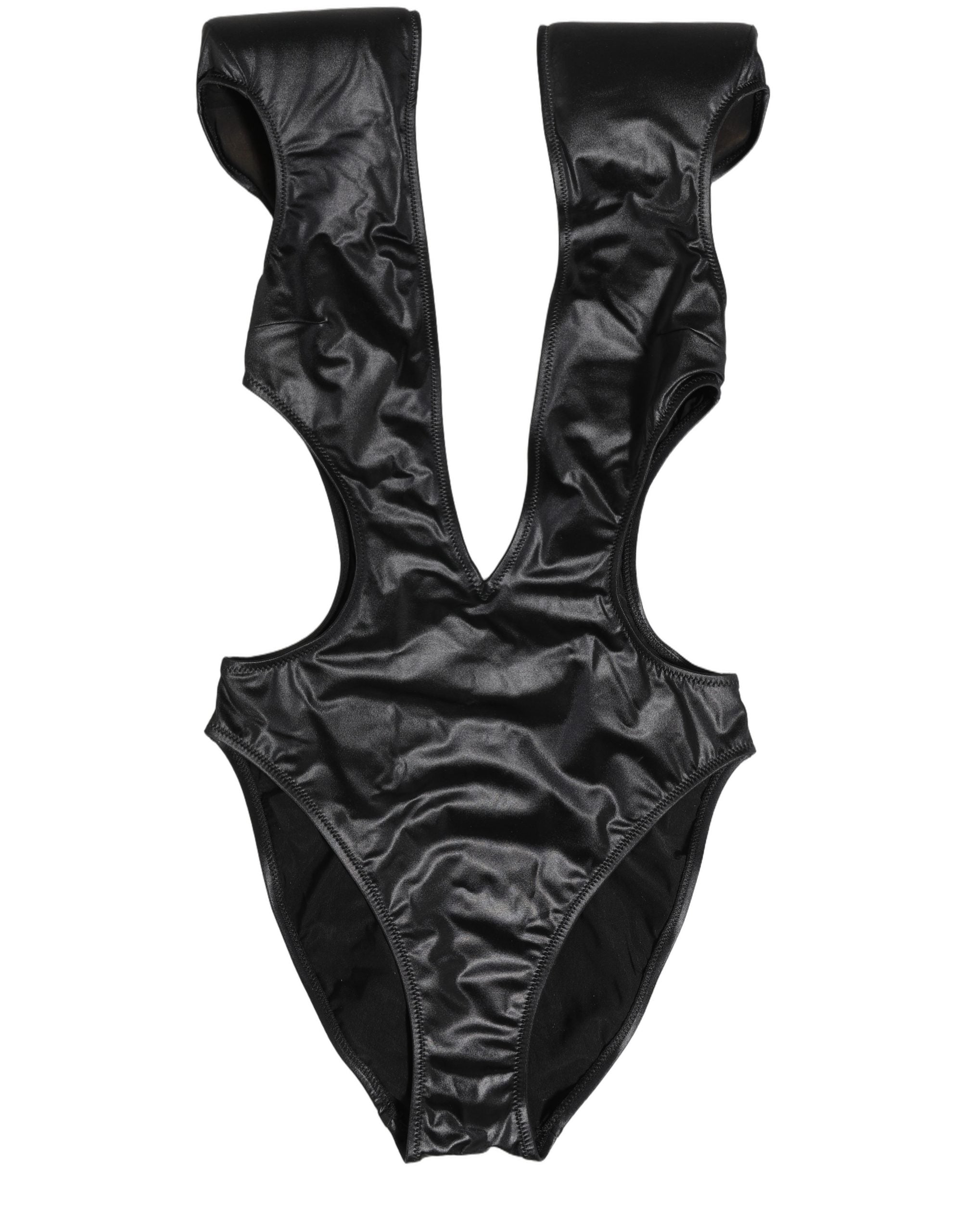 Maillot de bain une pièce noir Dolce & Gabbana avec décolleté en V profond et découpes élégantes.
