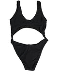 Maillot de bain une pièce noir Dolce & Gabbana avec logo découpé, style élégant et tendance pour la plage.