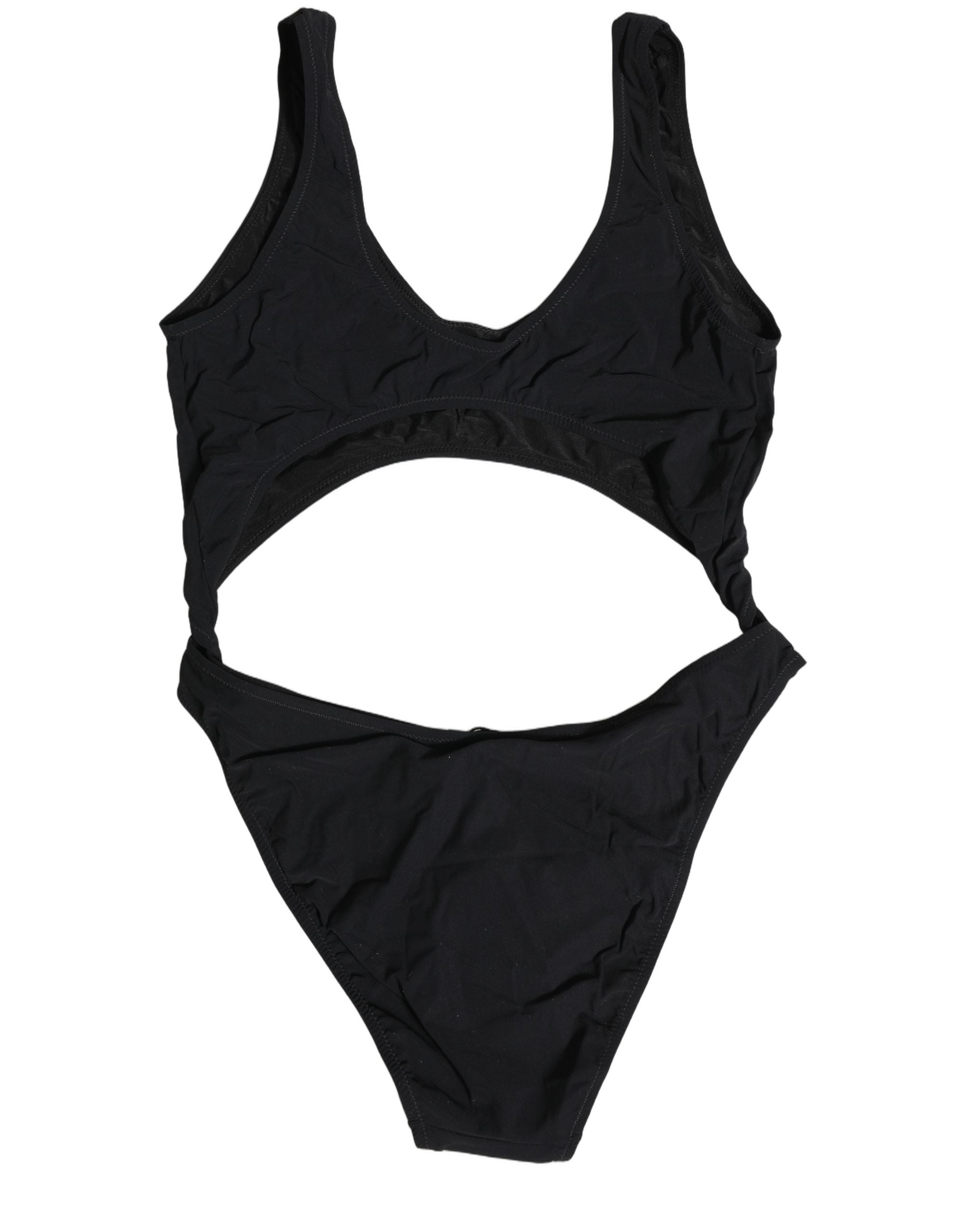 Maillot de bain une pièce noir Dolce & Gabbana avec logo découpé, style élégant et tendance pour la plage.