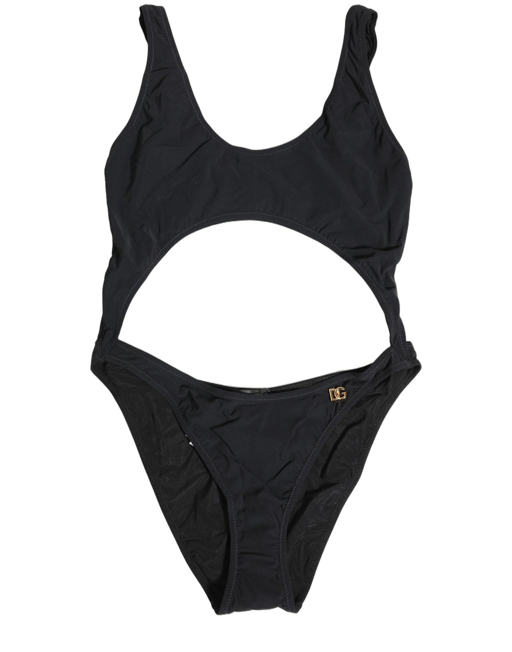 Maillot de bain une pièce noir Dolce & Gabbana avec logo découpé et détails élégants, parfait pour la plage.