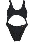 Maillot de bain une pièce noir Dolce & Gabbana avec logo découpé et détails élégants, parfait pour la plage.