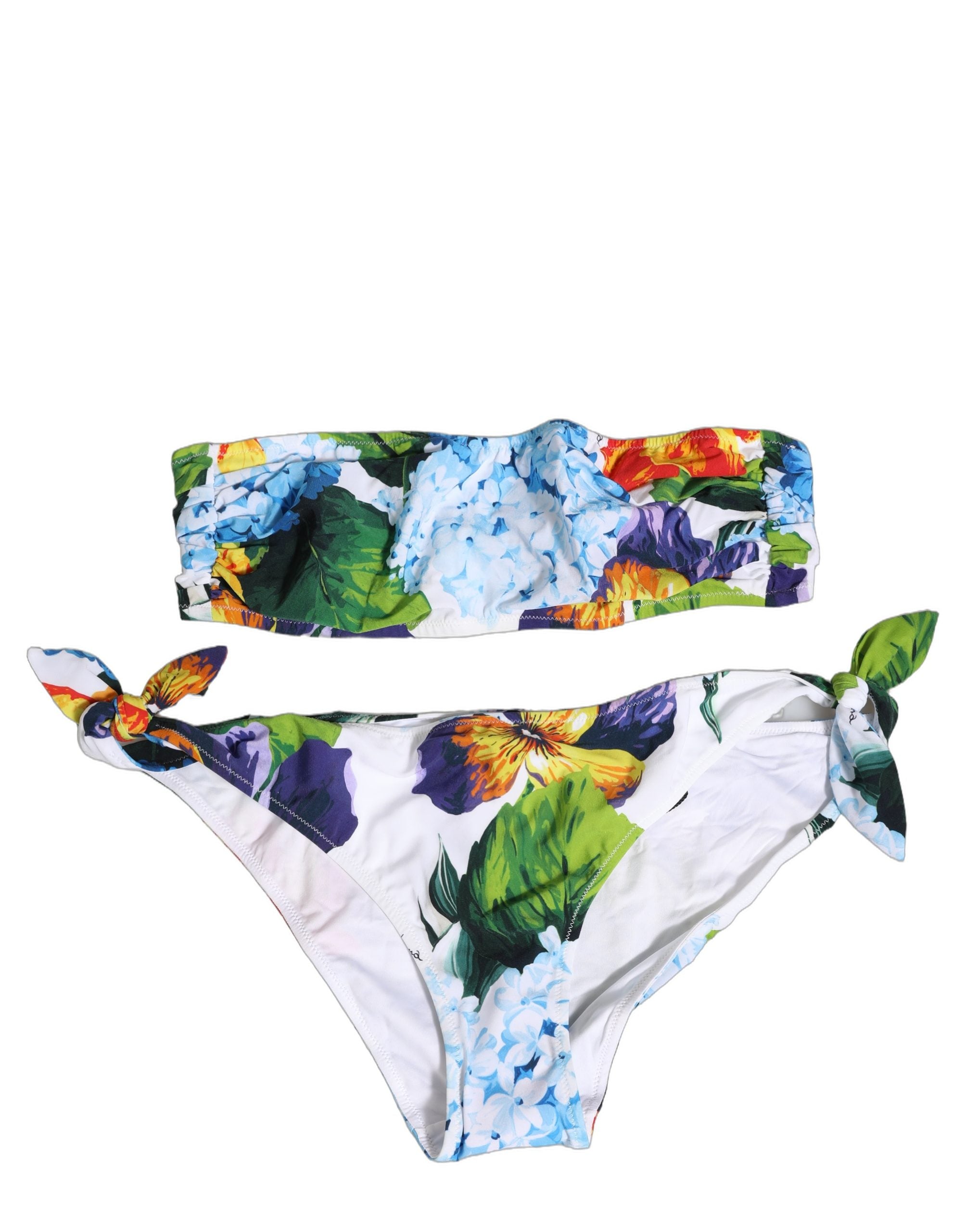 Maillot de bain deux pièces Dolce & Gabbana blanc à motifs floraux et bandeau, style élégant et féminin.
