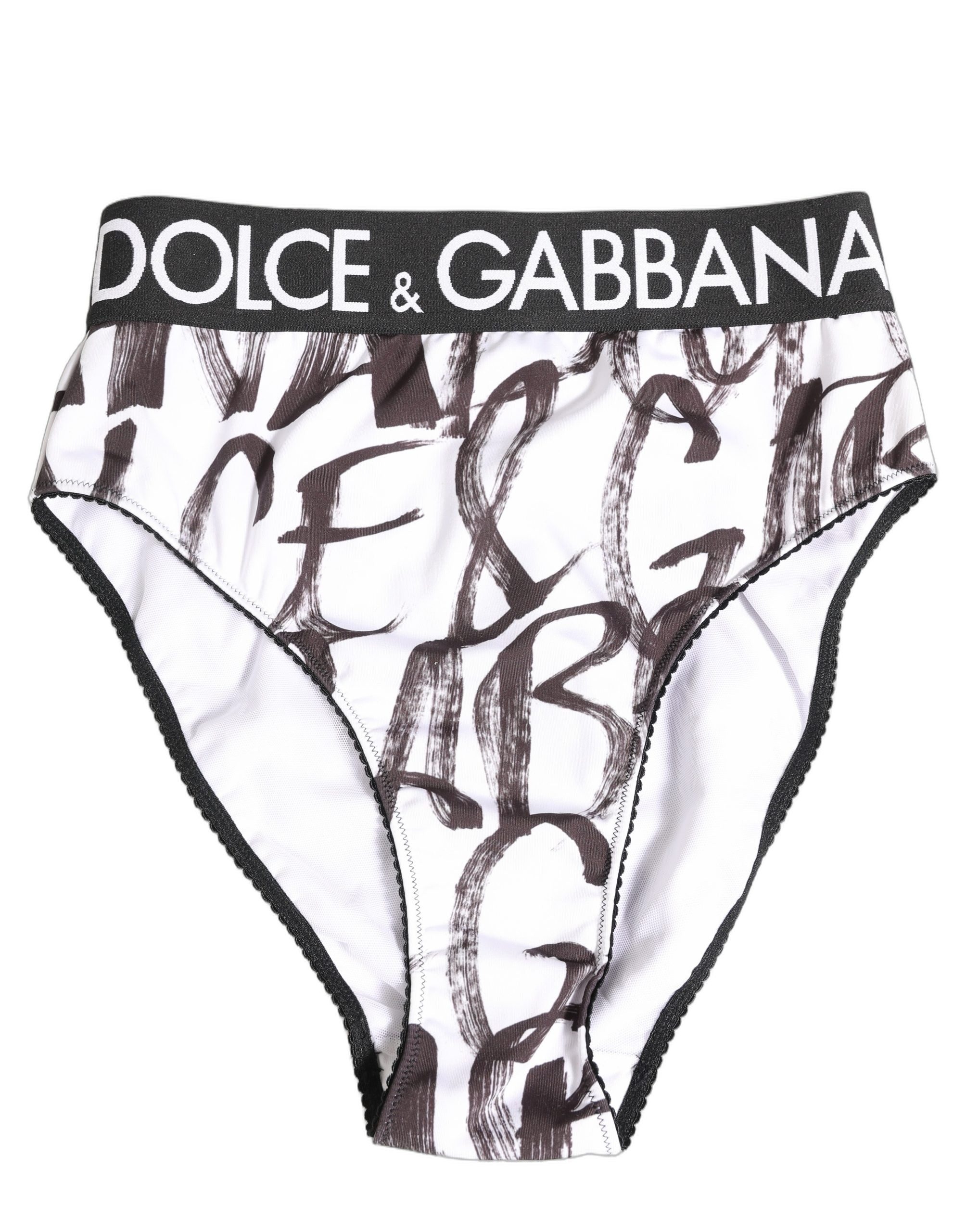 Sous-vêtements Dolce & Gabbana, slip haut en blanc et noir avec logo graphique, en coton doux, vue de face.