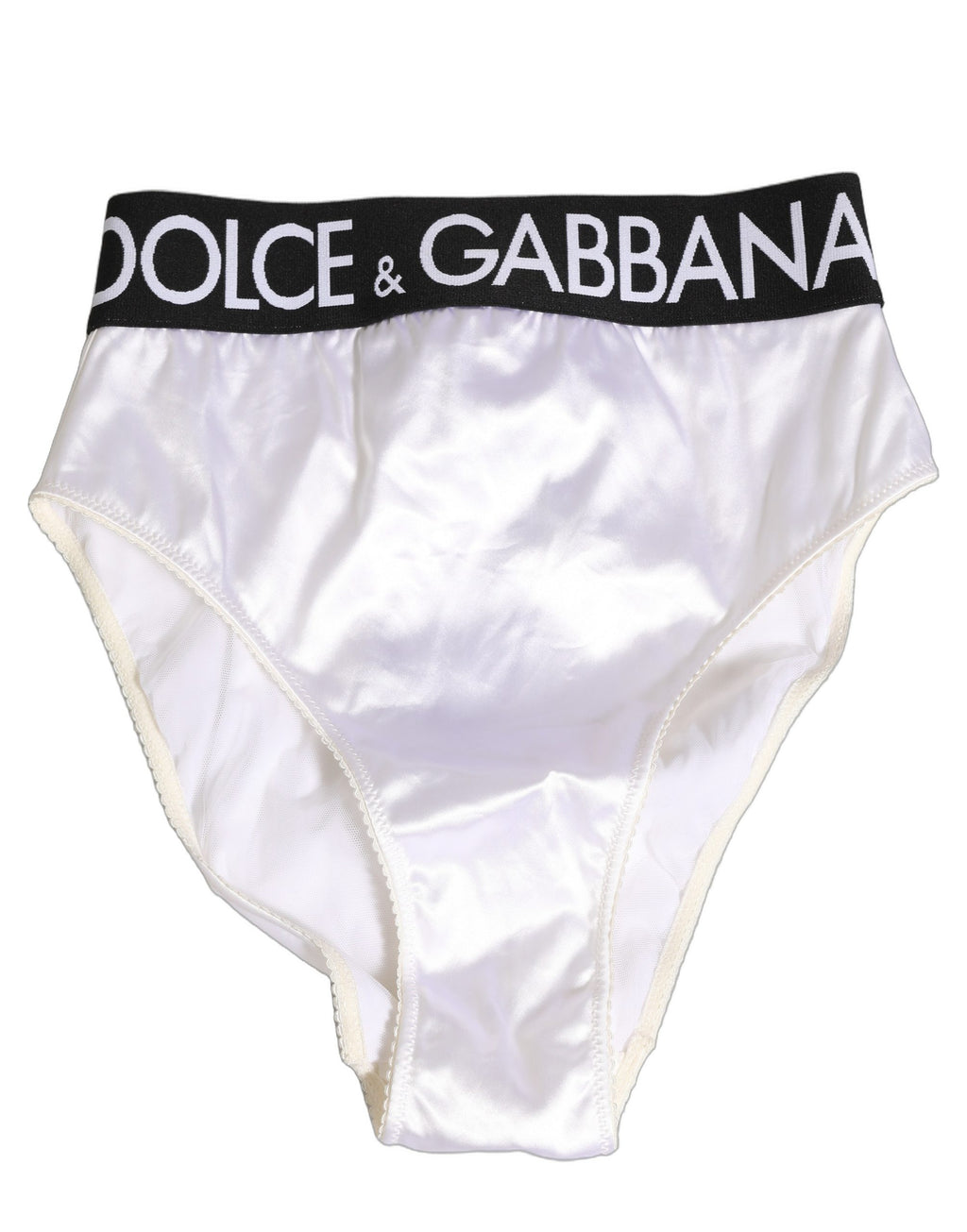 Culotte blanche en satin à taille haute de Dolce & Gabbana, logo visible, lingerie féminine élégante et confortable.
