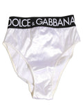 Culotte blanche en satin à taille haute de Dolce & Gabbana, logo visible, lingerie féminine élégante et confortable.