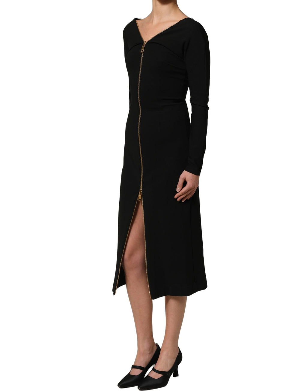 Robe midi noire Dolce & Gabbana à manches longues avec zip frontal, style élégant et sophistiqué.